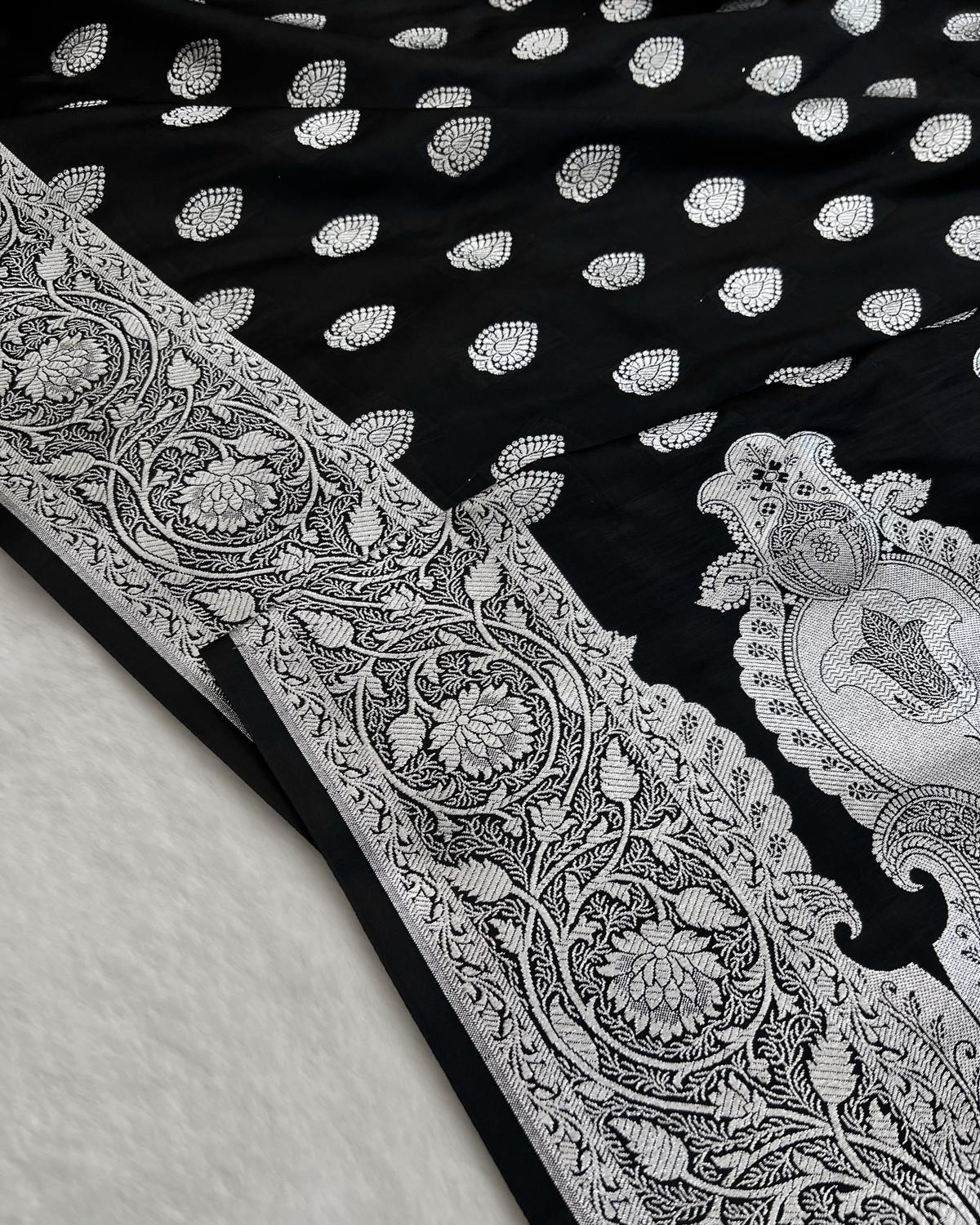 Black Banarasi silk saree with silver booti and border for festive saree-Niyarah
