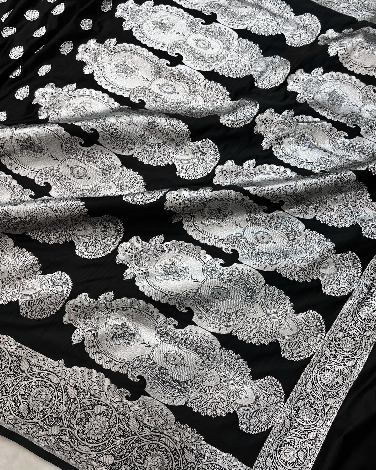 Close up of traditional zari work on pallu of Black banarasi Katan Silk Saree-Niyarah