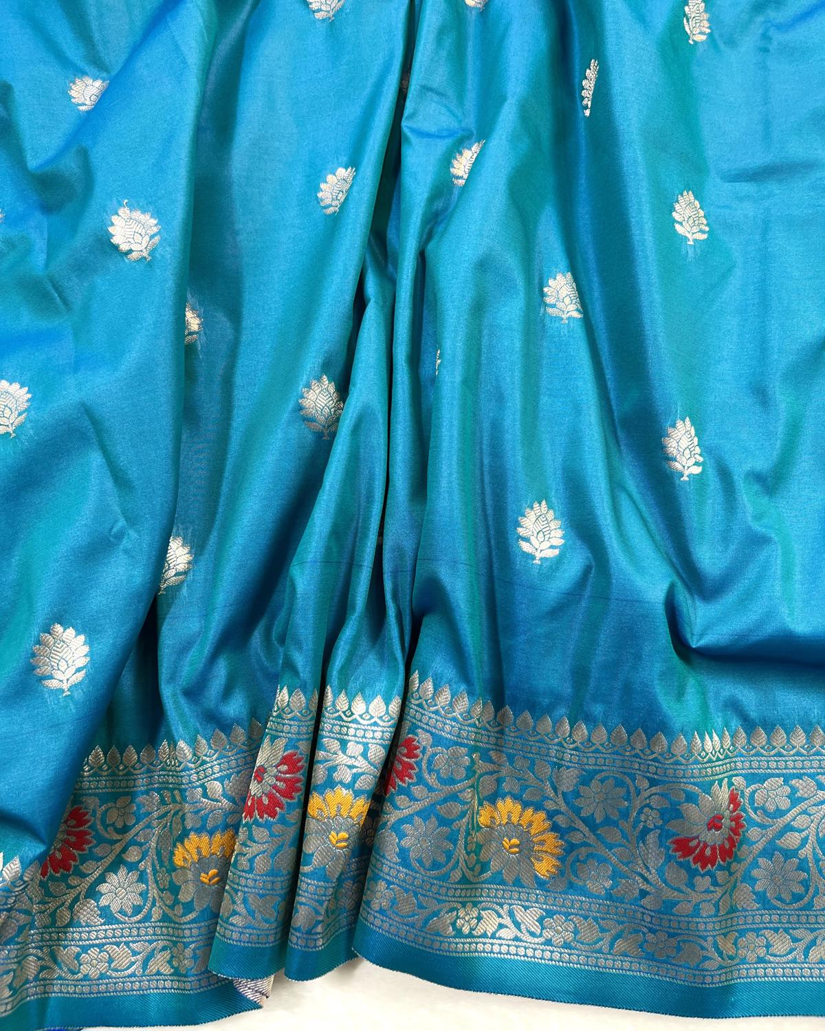 Partywear Blue Banarasi Leafy Boota Meena Border Katan Silk Saree