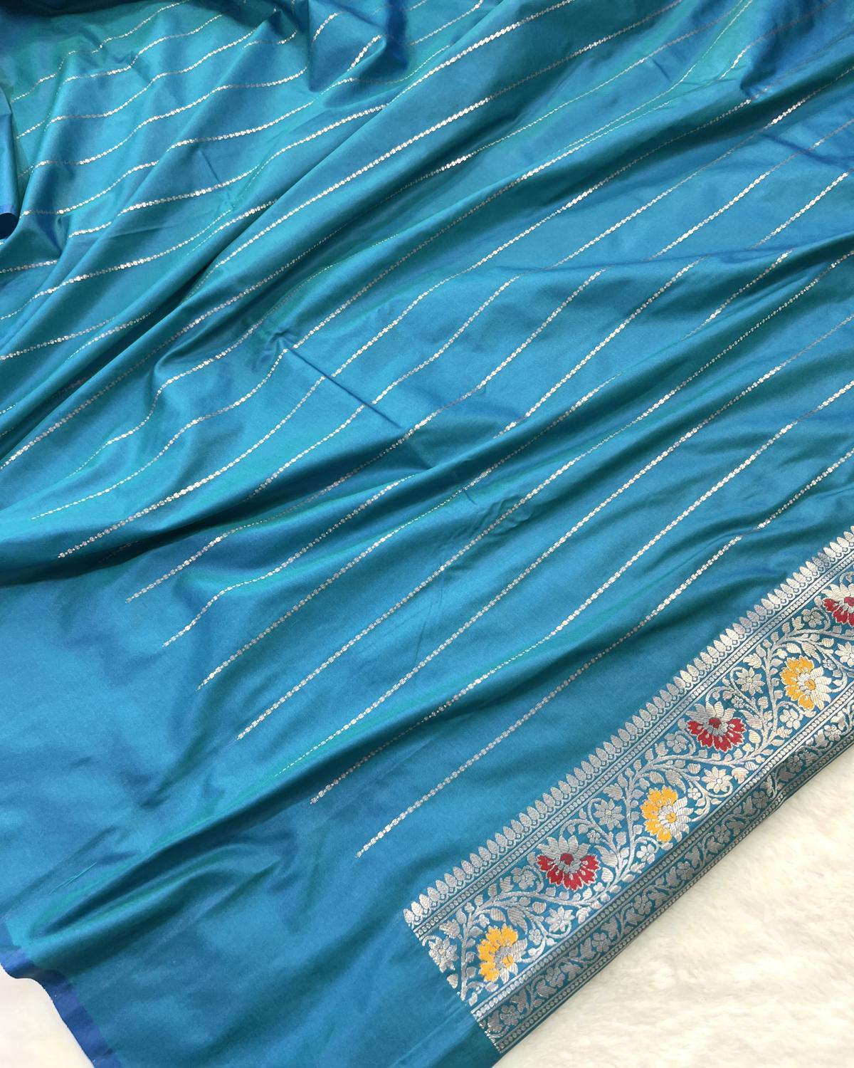Partywear Blue Banarasi Leafy Boota Meena Border Katan Silk Saree
