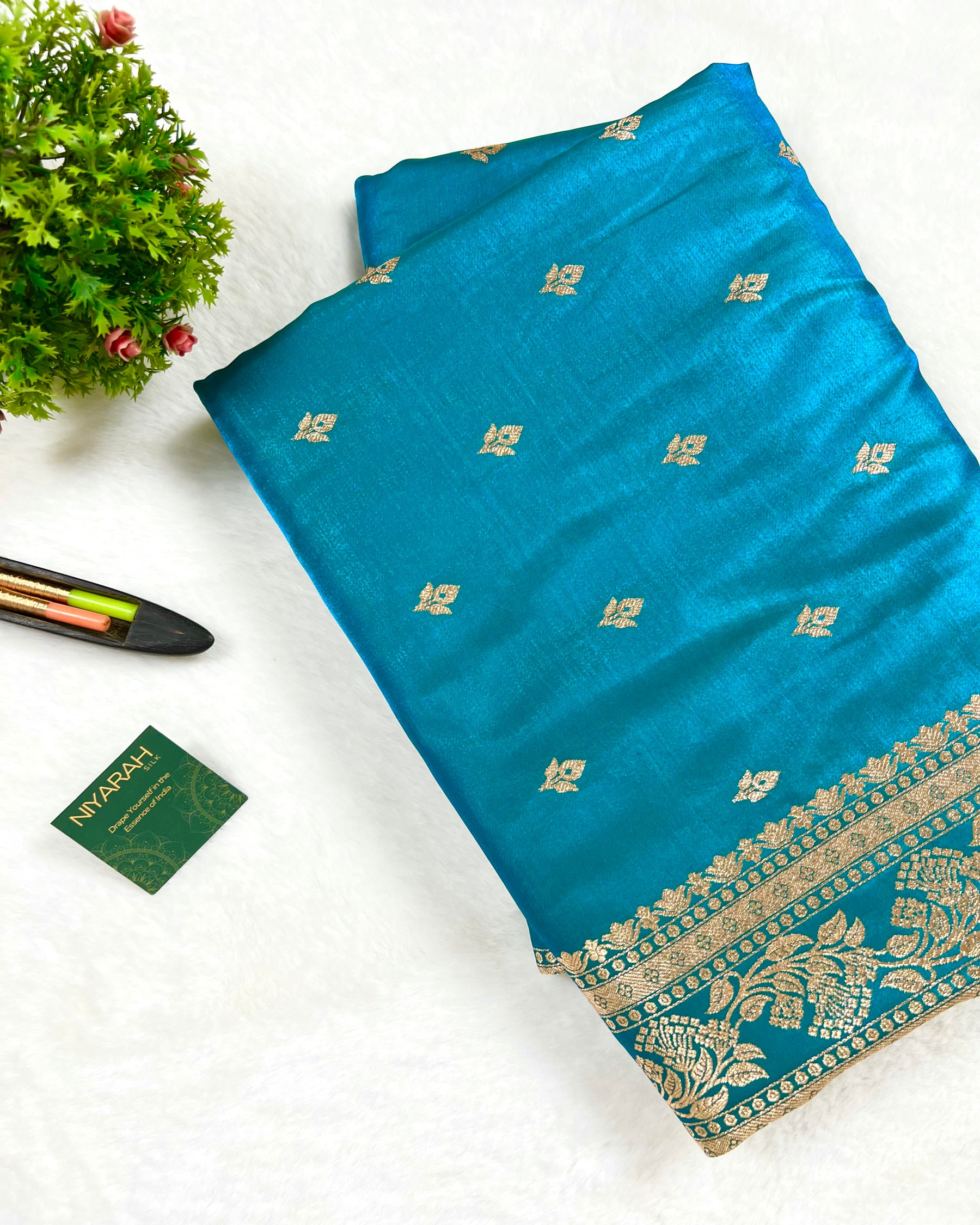 Turquoise Shades Banarasi Booti Mashru Satin Silk Saree - Niyarah
