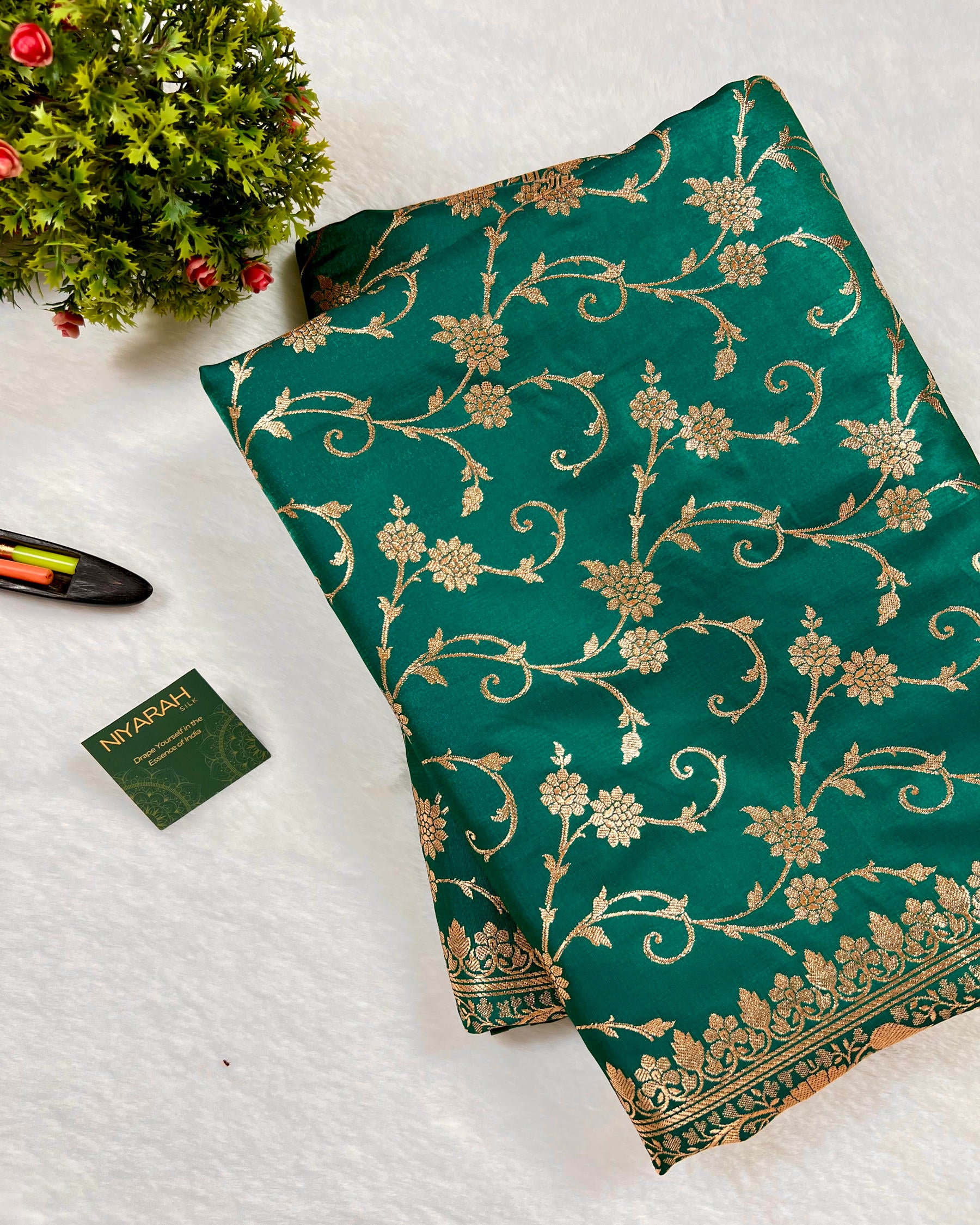 Teal Shades Floral Zaal Mashru Satin Silk Saree - Niyarah