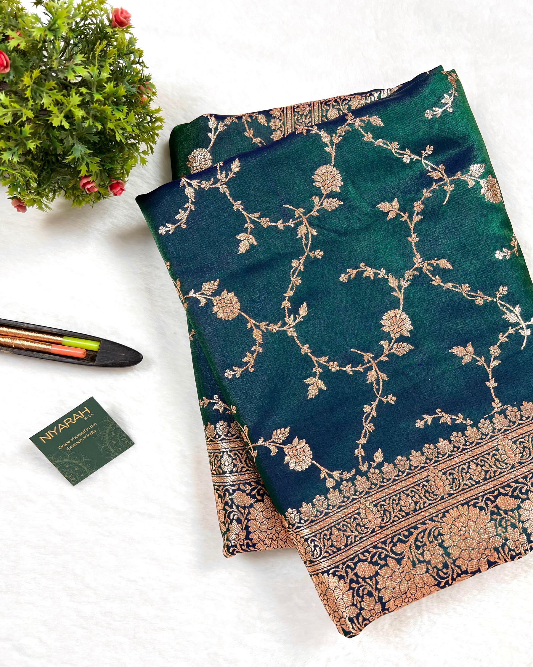 Peacock Green Shades Floral Zaal Mashru Satin Silk Saree - Niyarah