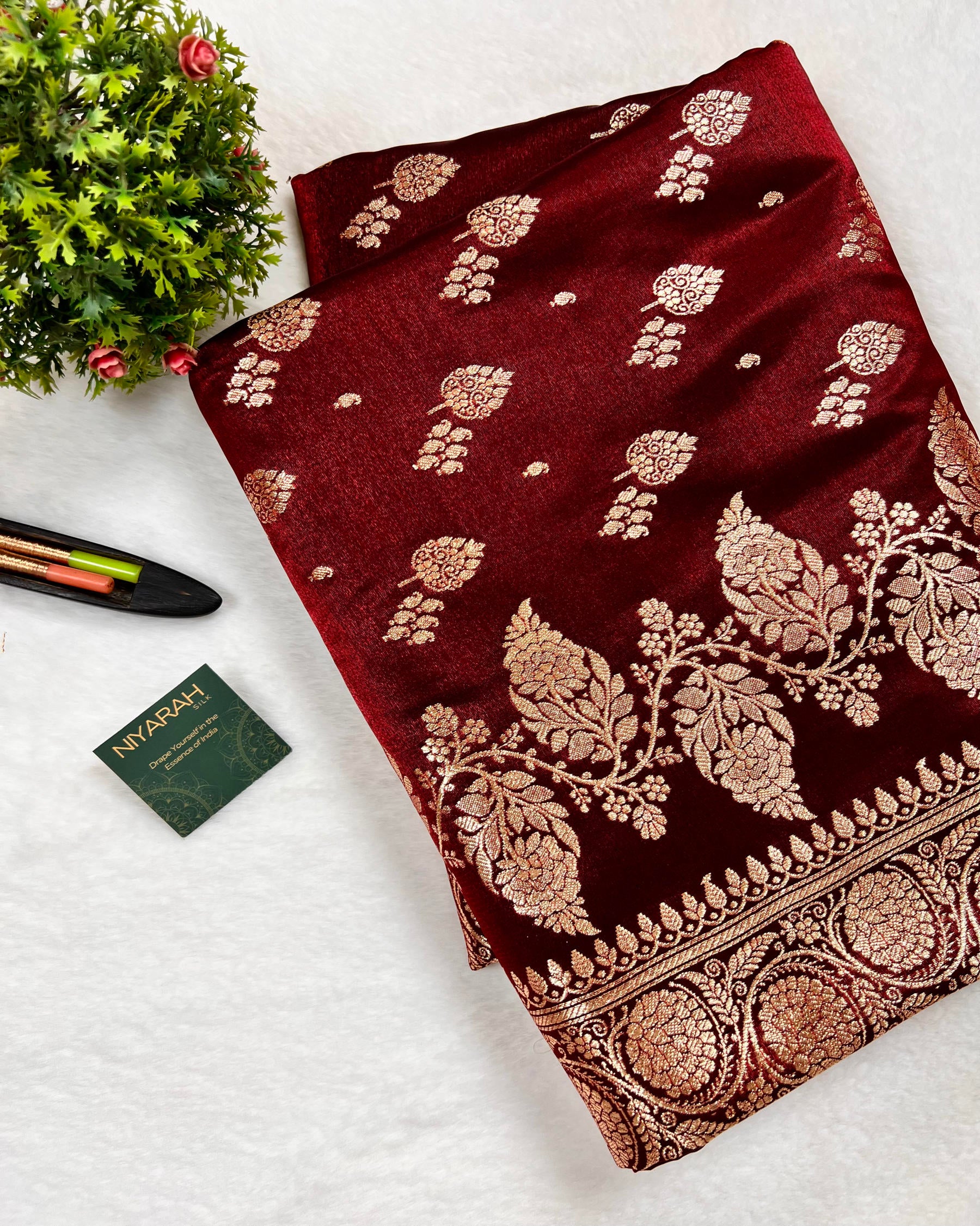 Dark Maroon Shades Banarasi Boota Mashru Satin Silk Saree - Niyarah