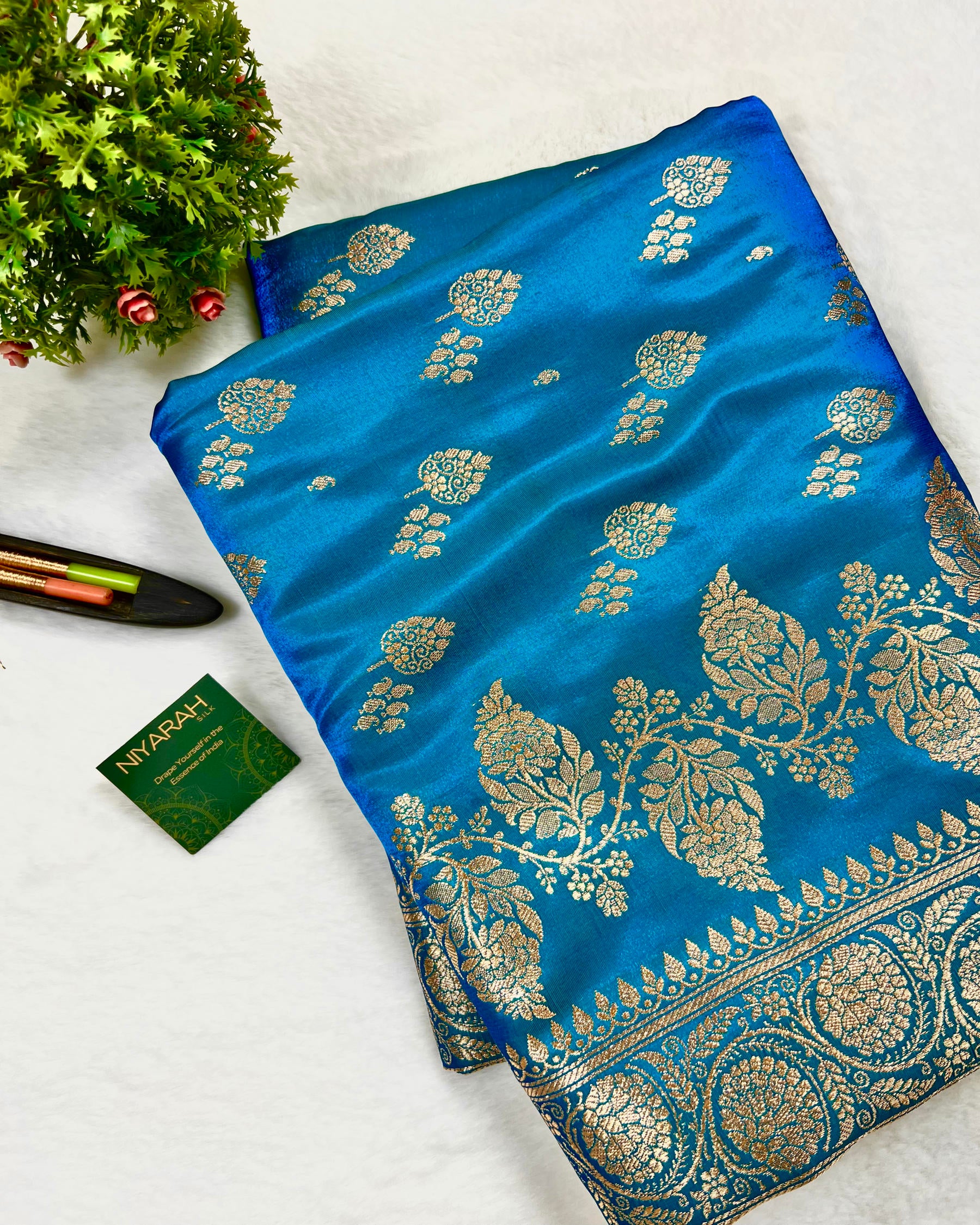 Firozi Shades Banarasi Boota Mashru Satin Silk Saree - Niyarah