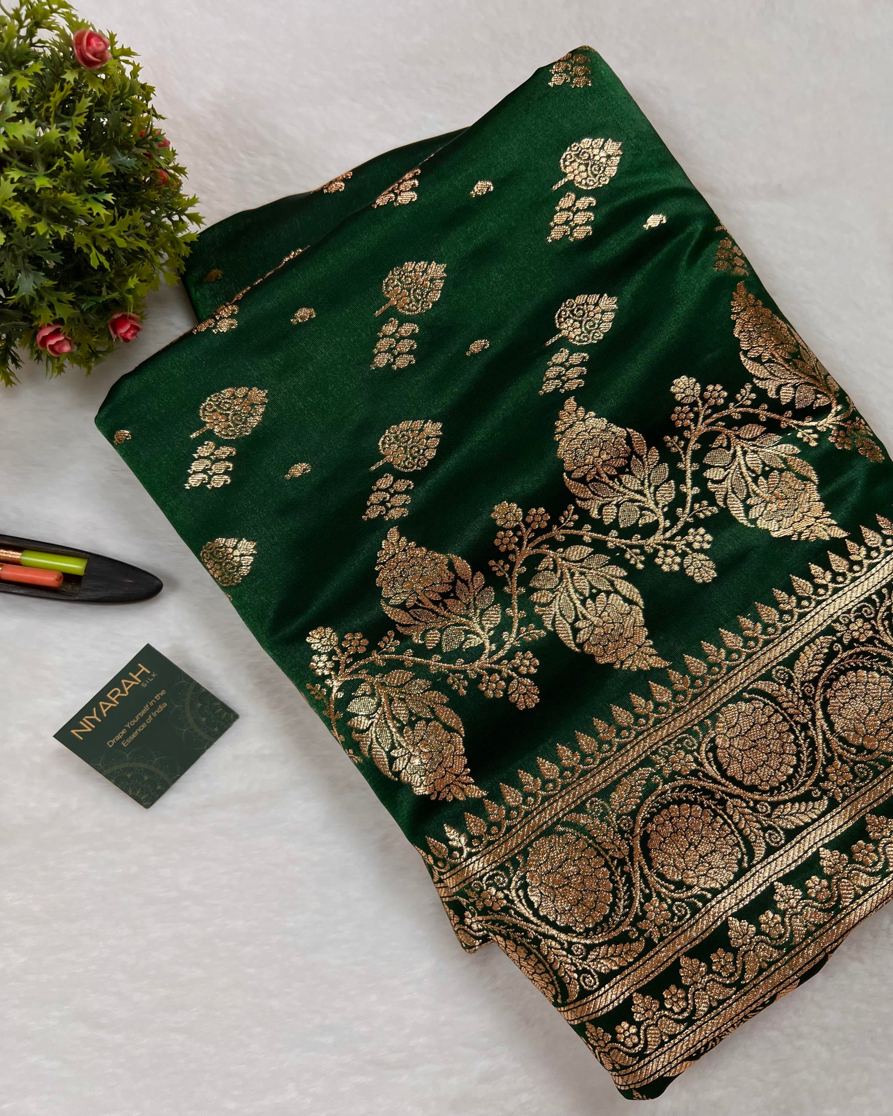 Bottle Green Banarasi Boota Mashru Satin Silk Saree - Niyarah