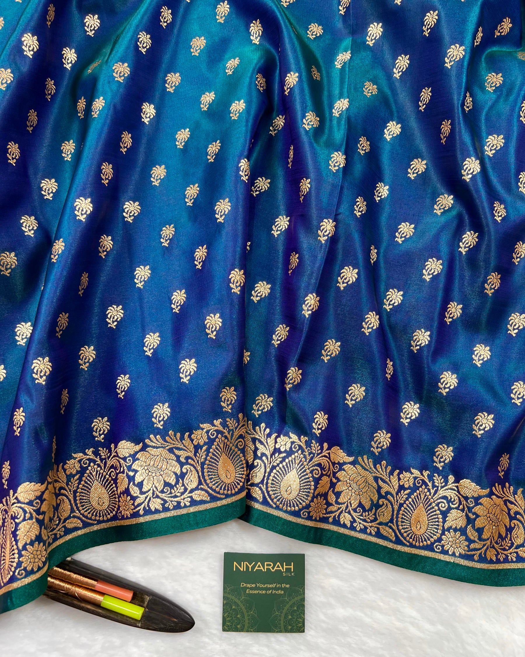 Cross Peacock Shades Banarasi Booti Mashru Satin Silk Saree - Niyarah