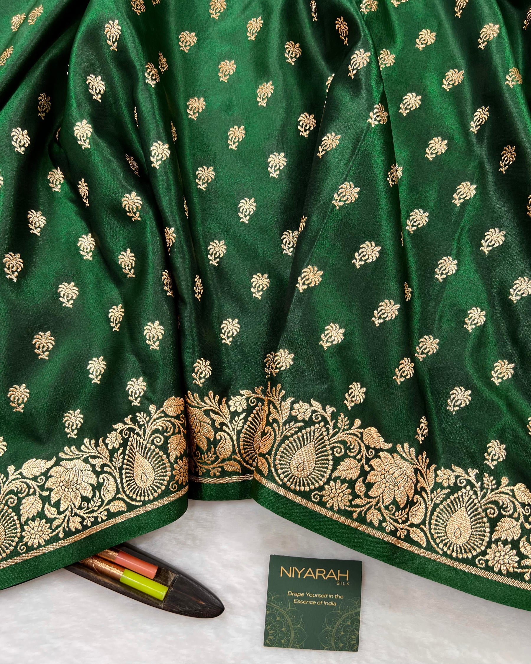 Soft Bottle Green Shades Banarasi Booti Mashru Satin Silk Saree - Niyarah