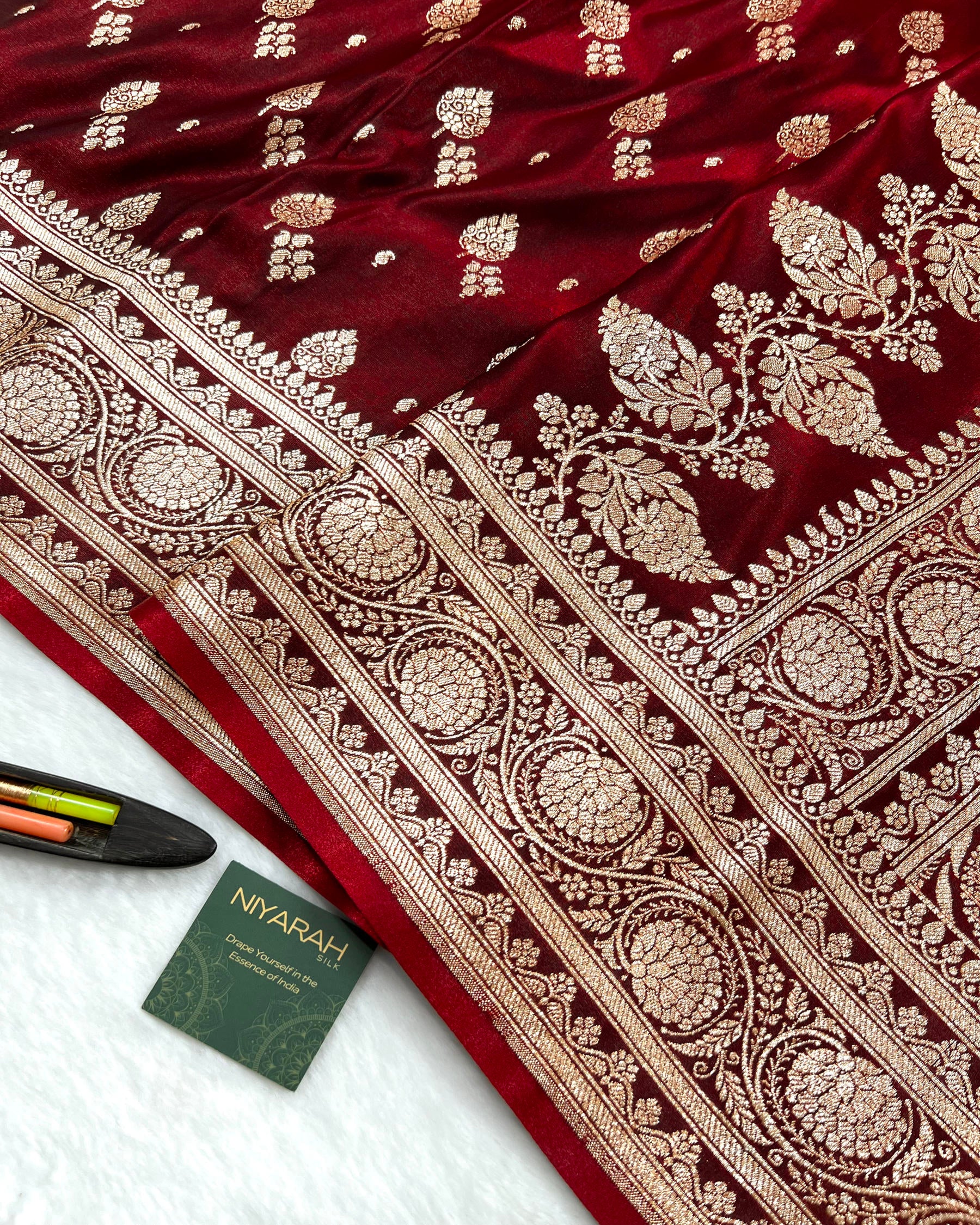 Dark Maroon Shades Banarasi Boota Mashru Satin Silk Saree - Niyarah