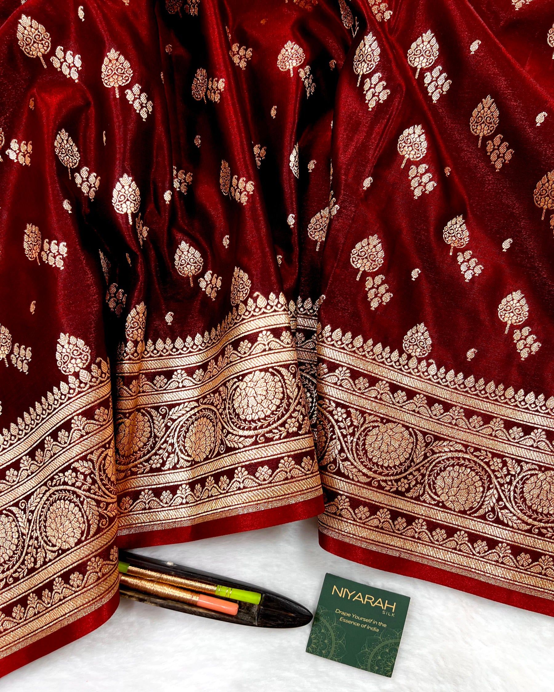 Dark Maroon Shades Banarasi Boota Mashru Satin Silk Saree - Niyarah