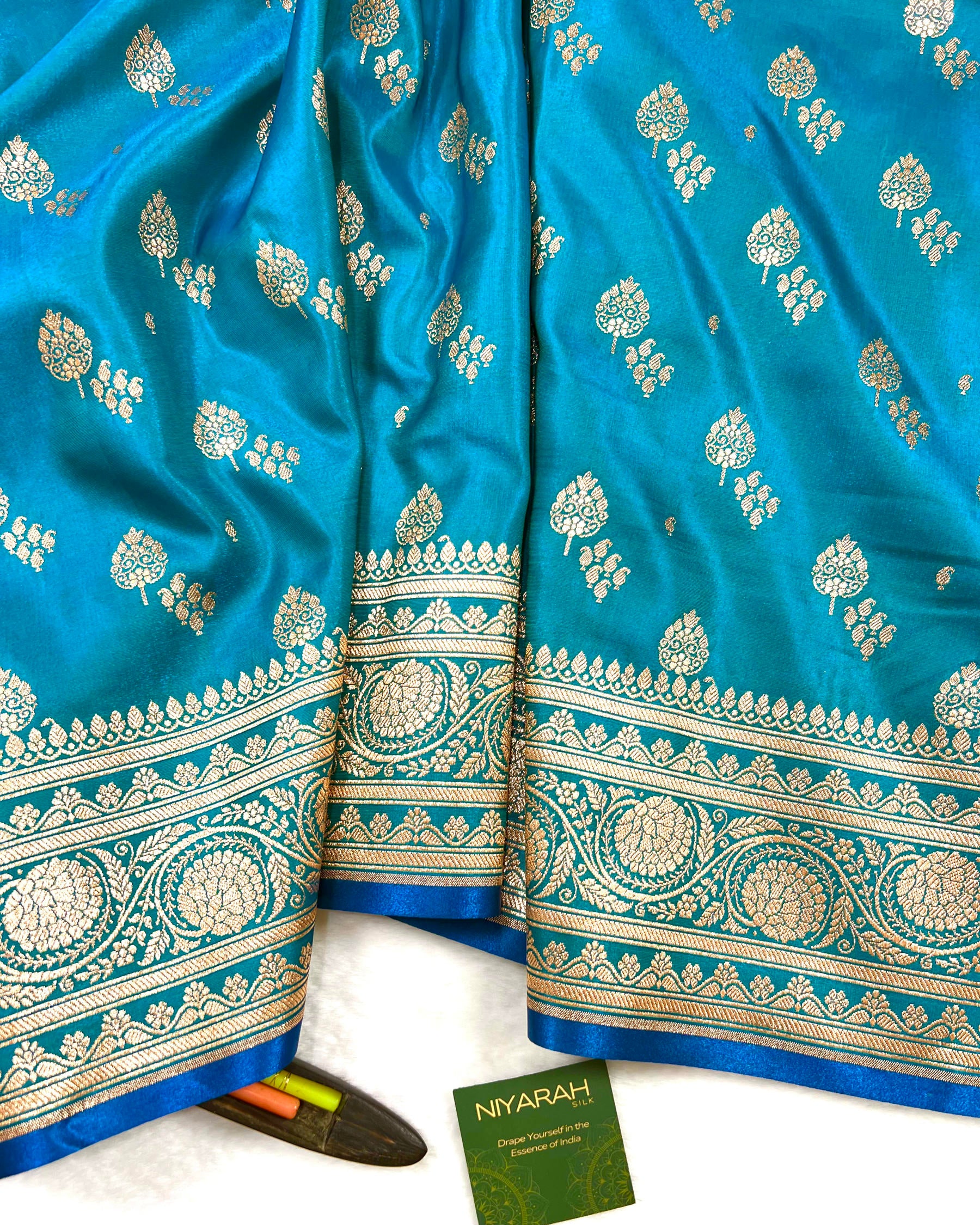 Firozi Shades Banarasi Boota Mashru Satin Silk Saree - Niyarah