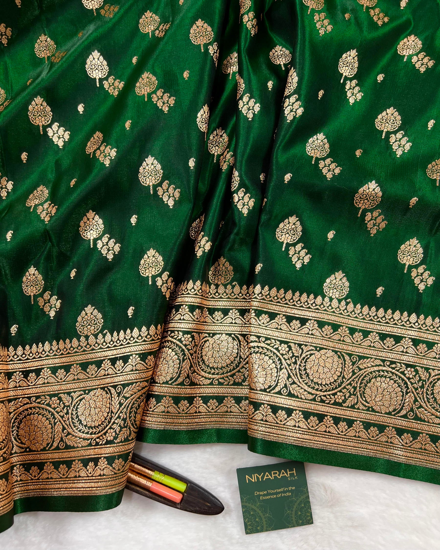 Bottle Green Banarasi Boota Mashru Satin Silk Saree - Niyarah