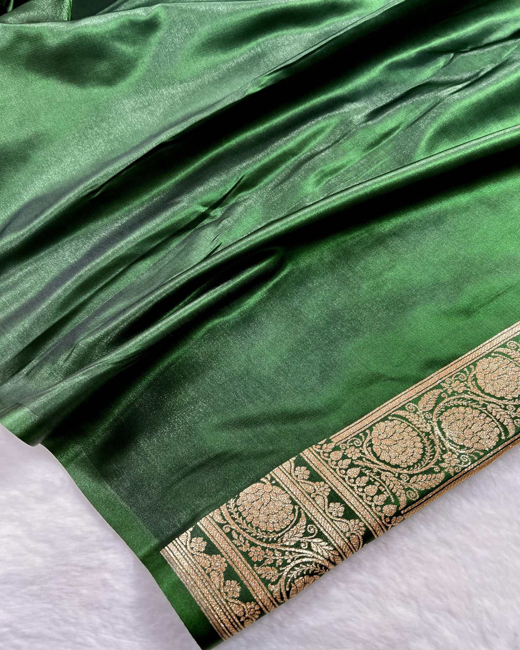 Bottle Green Banarasi Boota Mashru Satin Silk Saree - Niyarah