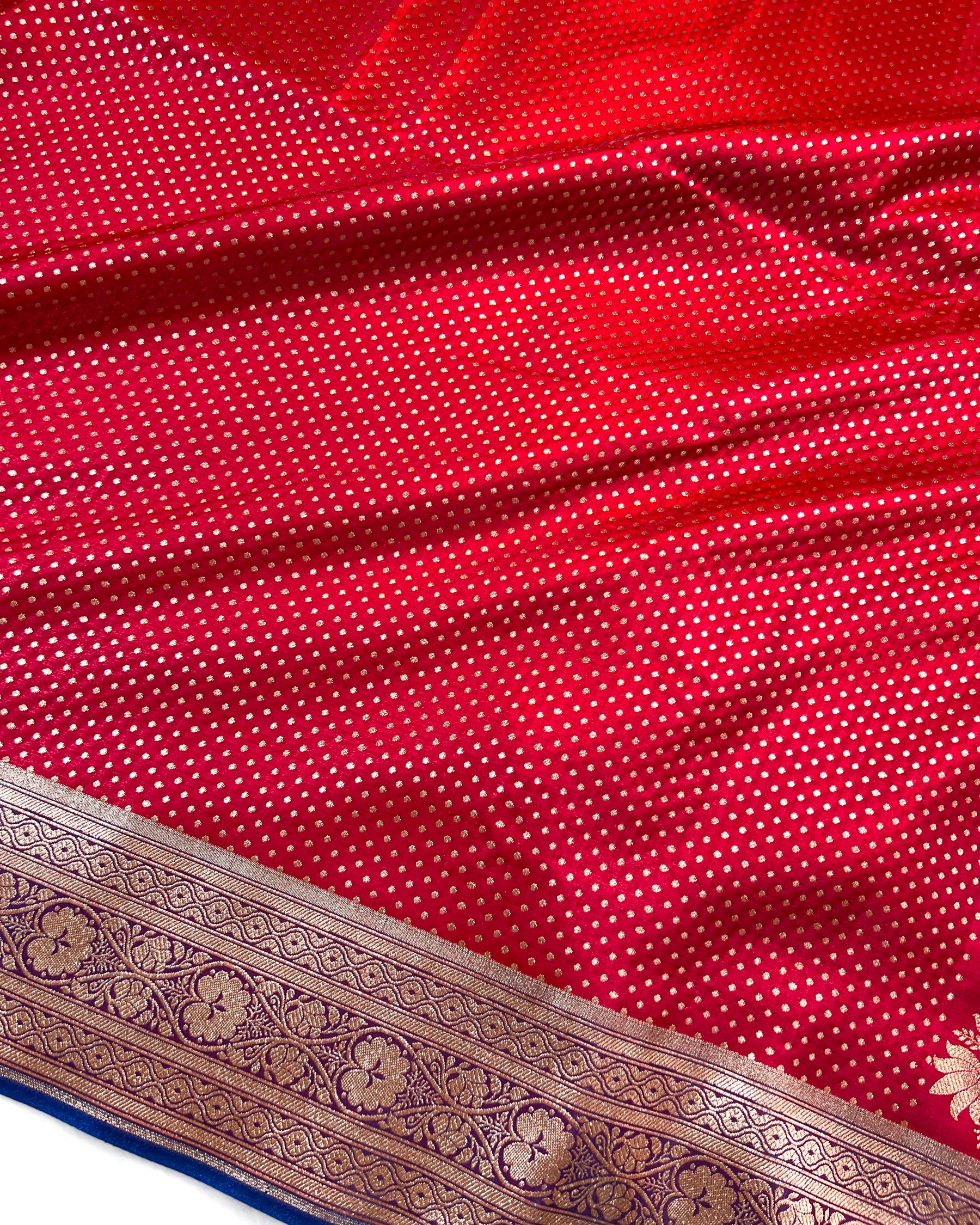 Red Banarasi Dot Pattern Booti Satin Silk Saree, Tanchui Blouse - Niyarah