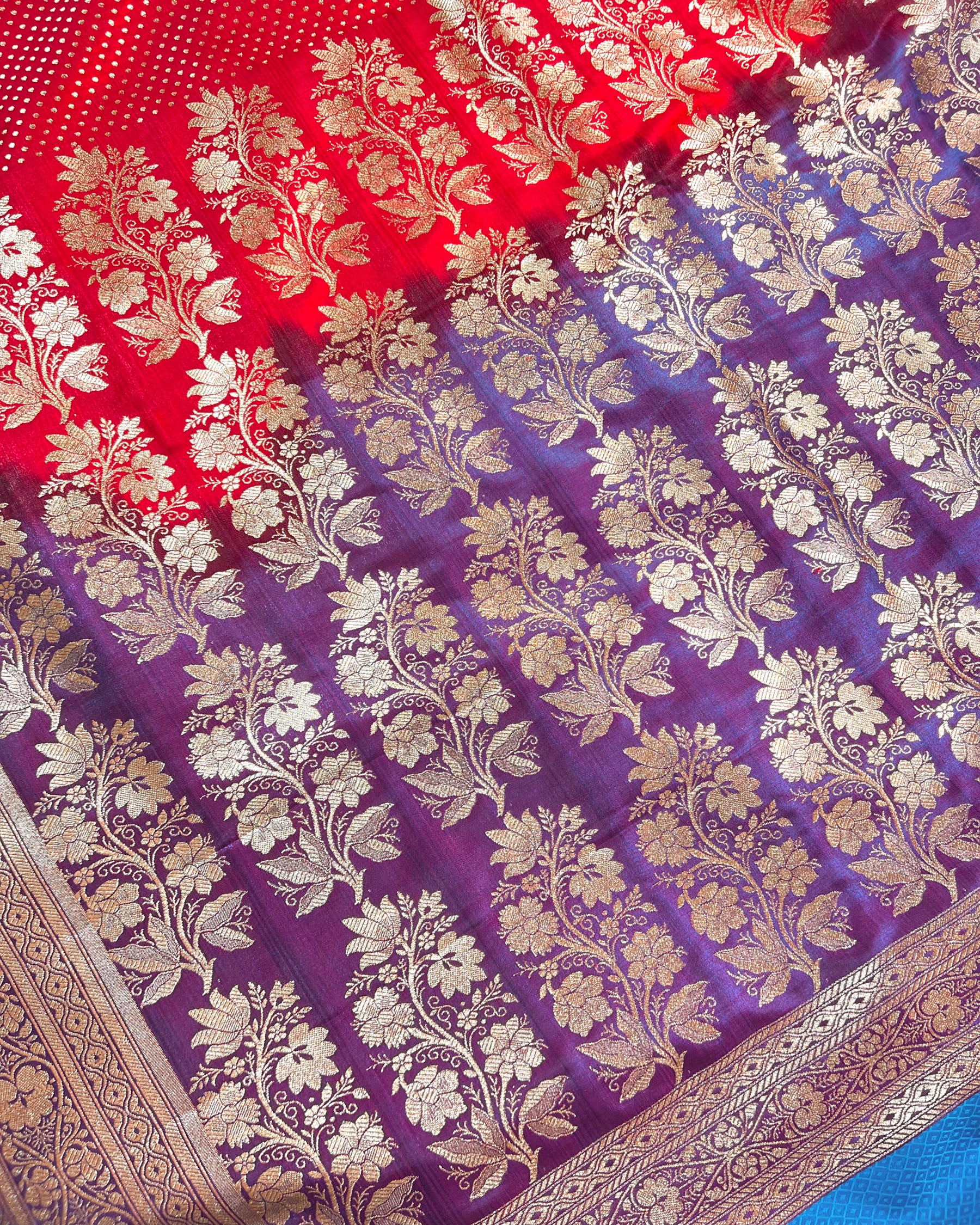 Red Banarasi Dot Pattern Booti Satin Silk Saree, Tanchui Blouse - Niyarah