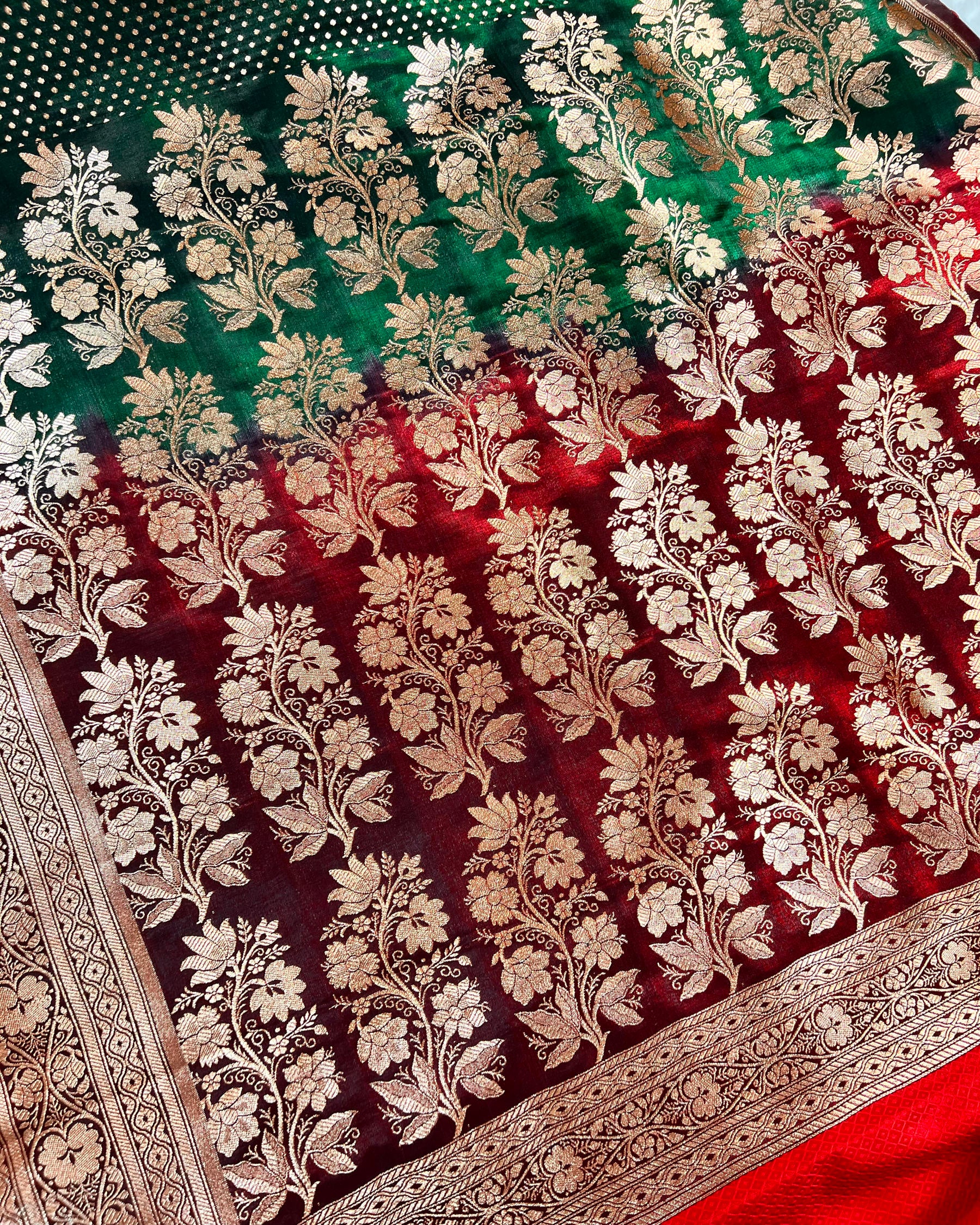 Bottle Green Banarasi Dot Pattern Booti Satin Silk Saree, Tanchui Blouse - Niyarah
