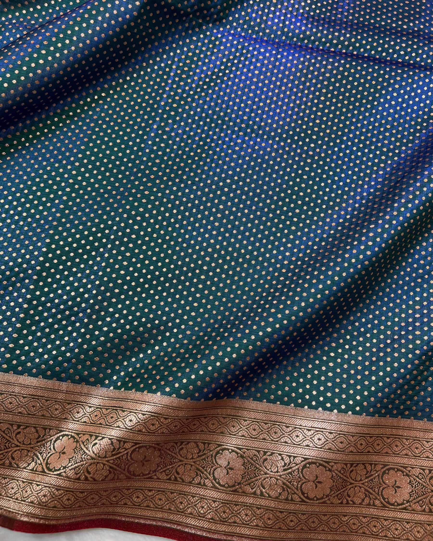 Peacock Green Banarasi Dot Pattern Booti Satin Silk Saree, Tanchui Blouse - Niyarah