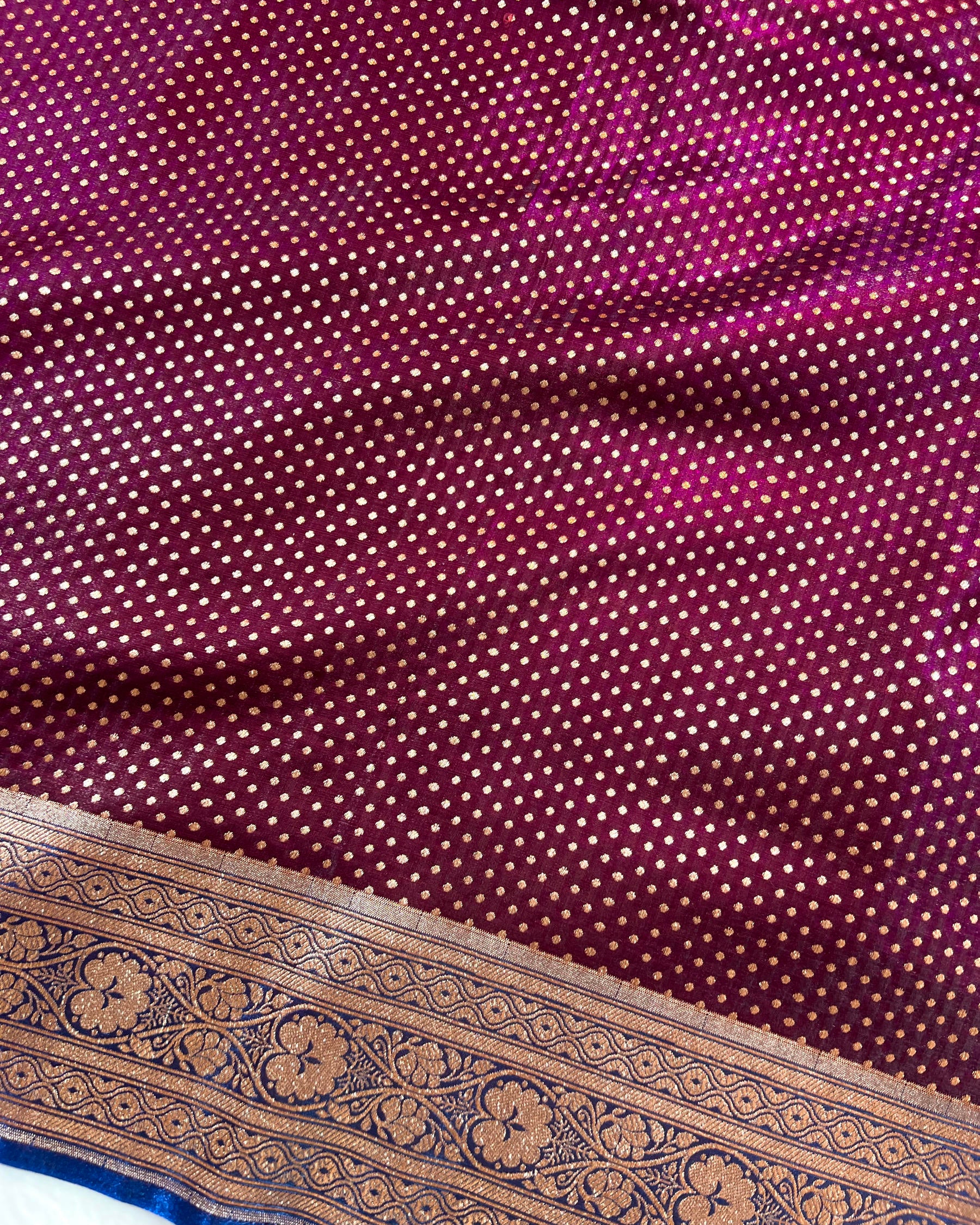 Wine Shades Banarasi Dot Pattern Booti Satin Silk Saree, Tanchui Blouse - Niyarah