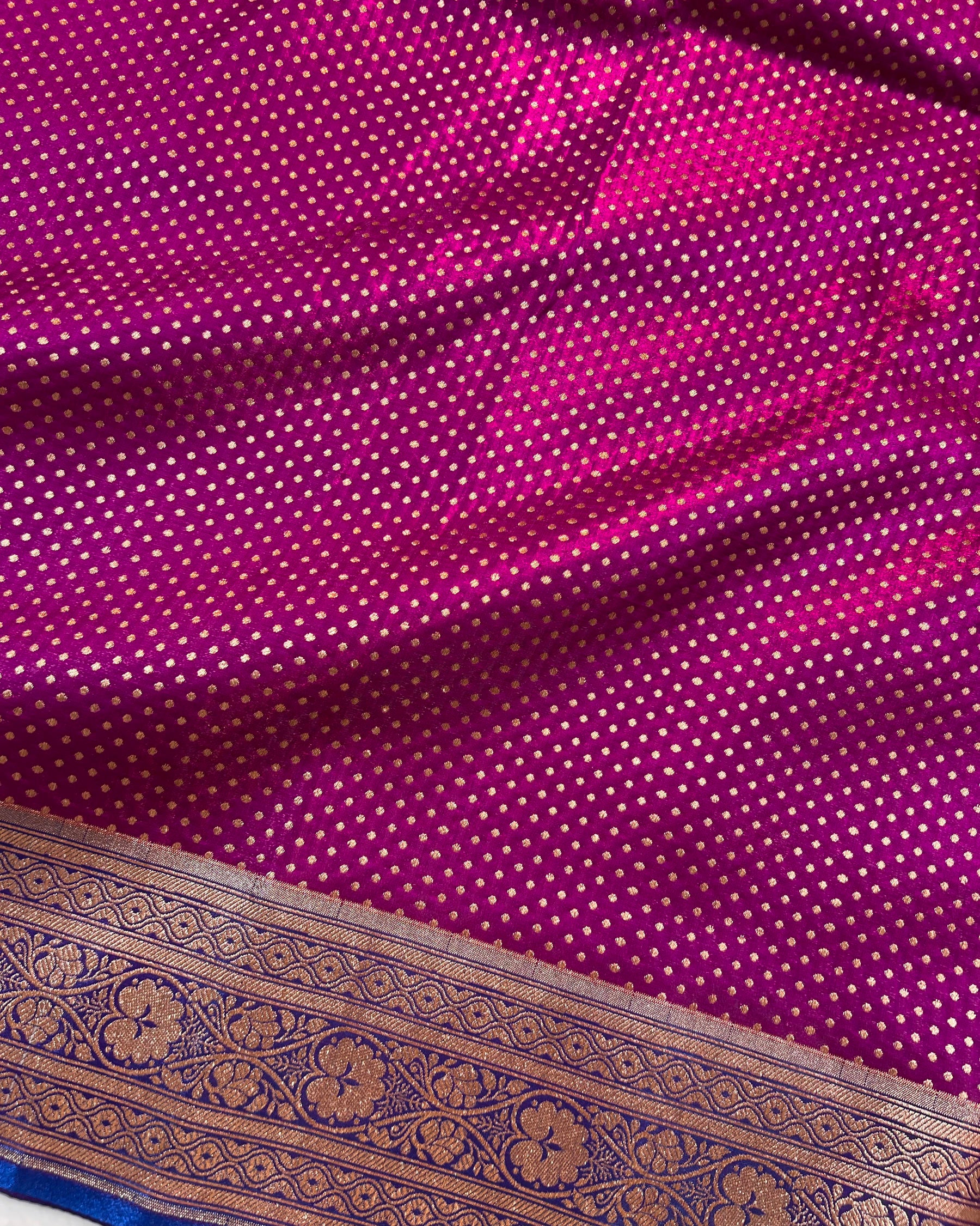 Rani Pink Banarasi Dot Pattern Booti Satin Silk Saree, Tanchui Blouse - Niyarah