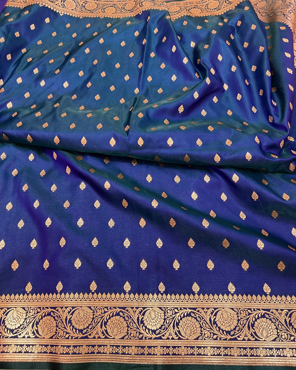 Petrol Blue Shades Banarasi Booti Mashru Satin Silk Saree
