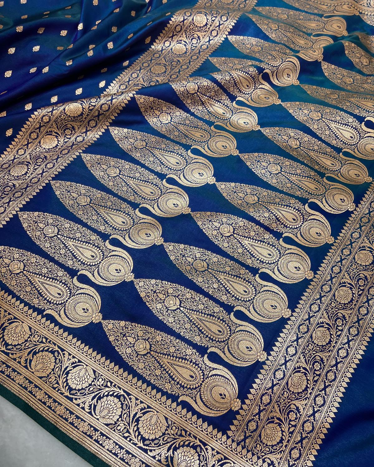 Petrol Blue Shades Banarasi Booti Mashru Satin Silk Saree