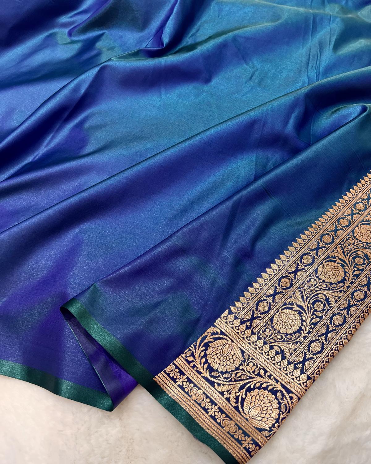 Petrol Blue Shades Banarasi Booti Mashru Satin Silk Saree