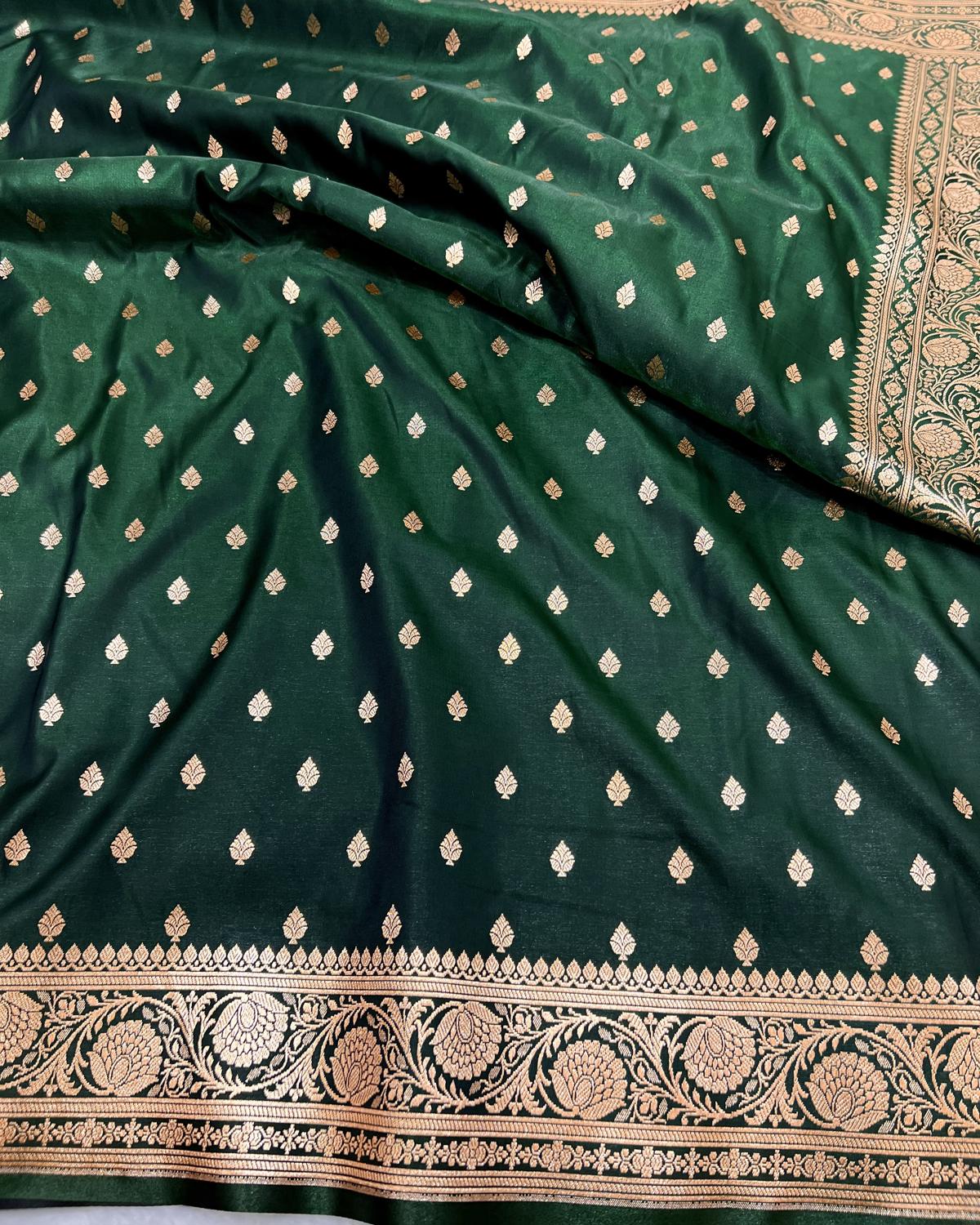 Bottle Green Shades Banarasi Booti Mashru Satin Silk Saree