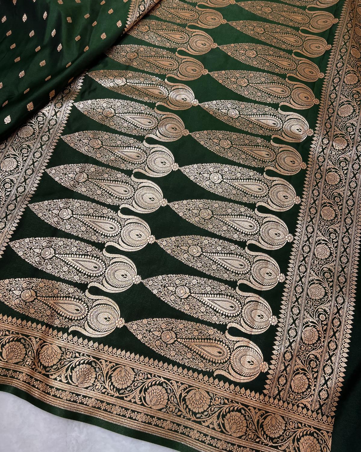 Bottle Green Shades Banarasi Booti Mashru Satin Silk Saree