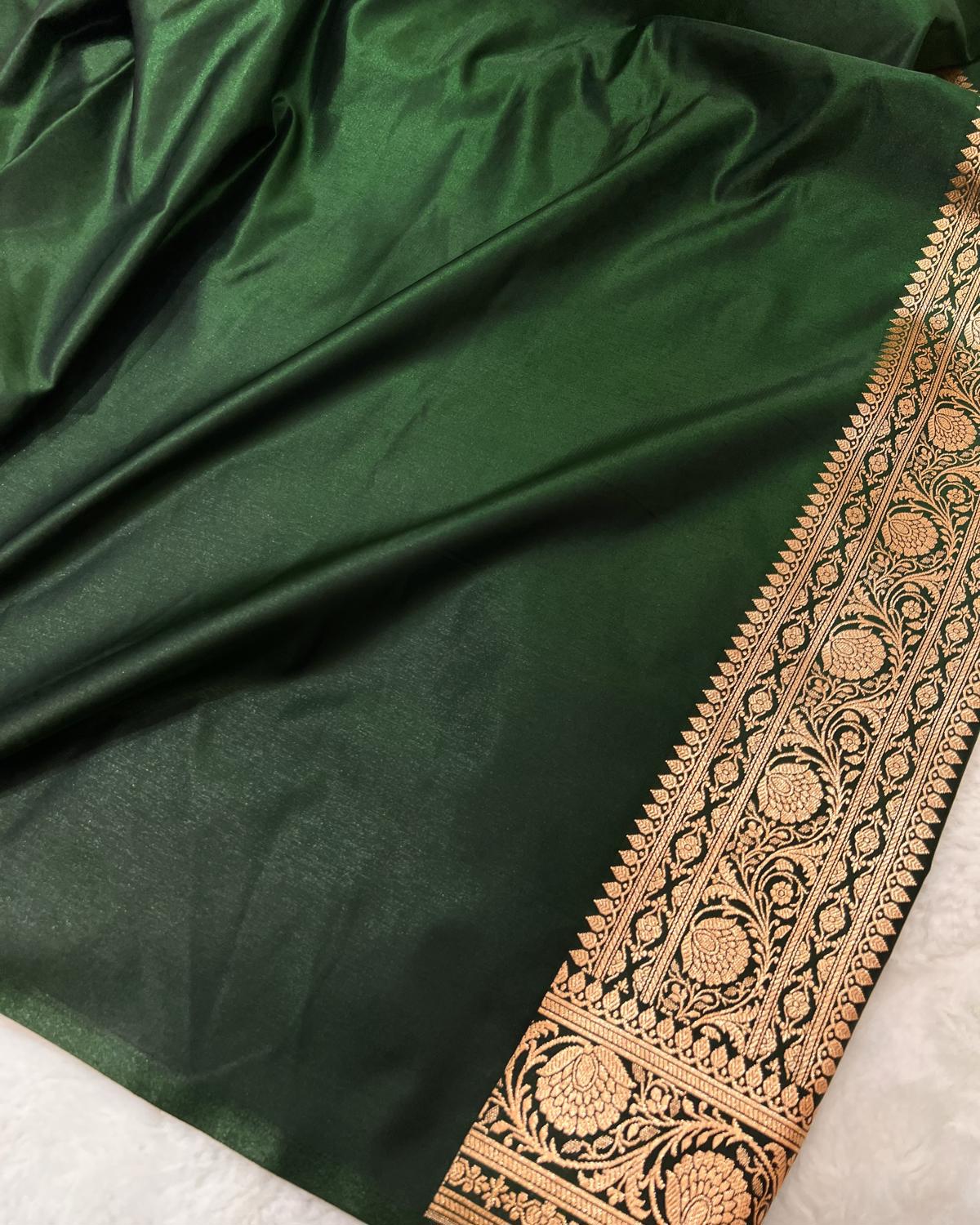 Bottle Green Shades Banarasi Booti Mashru Satin Silk Saree