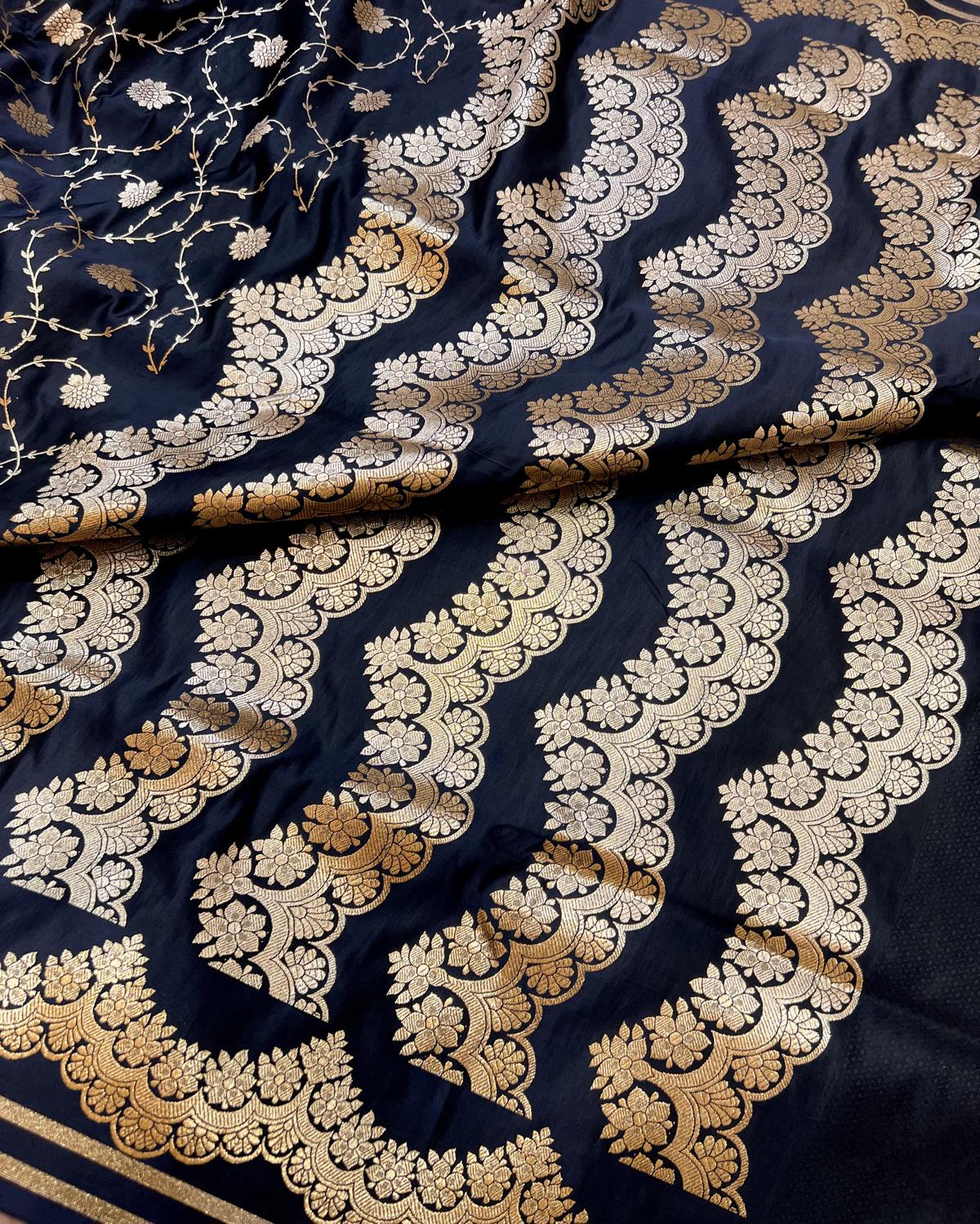 Navy Blue Shades Banarasi Floral Jaal & Scallop Border Mashru Katan Silk Saree