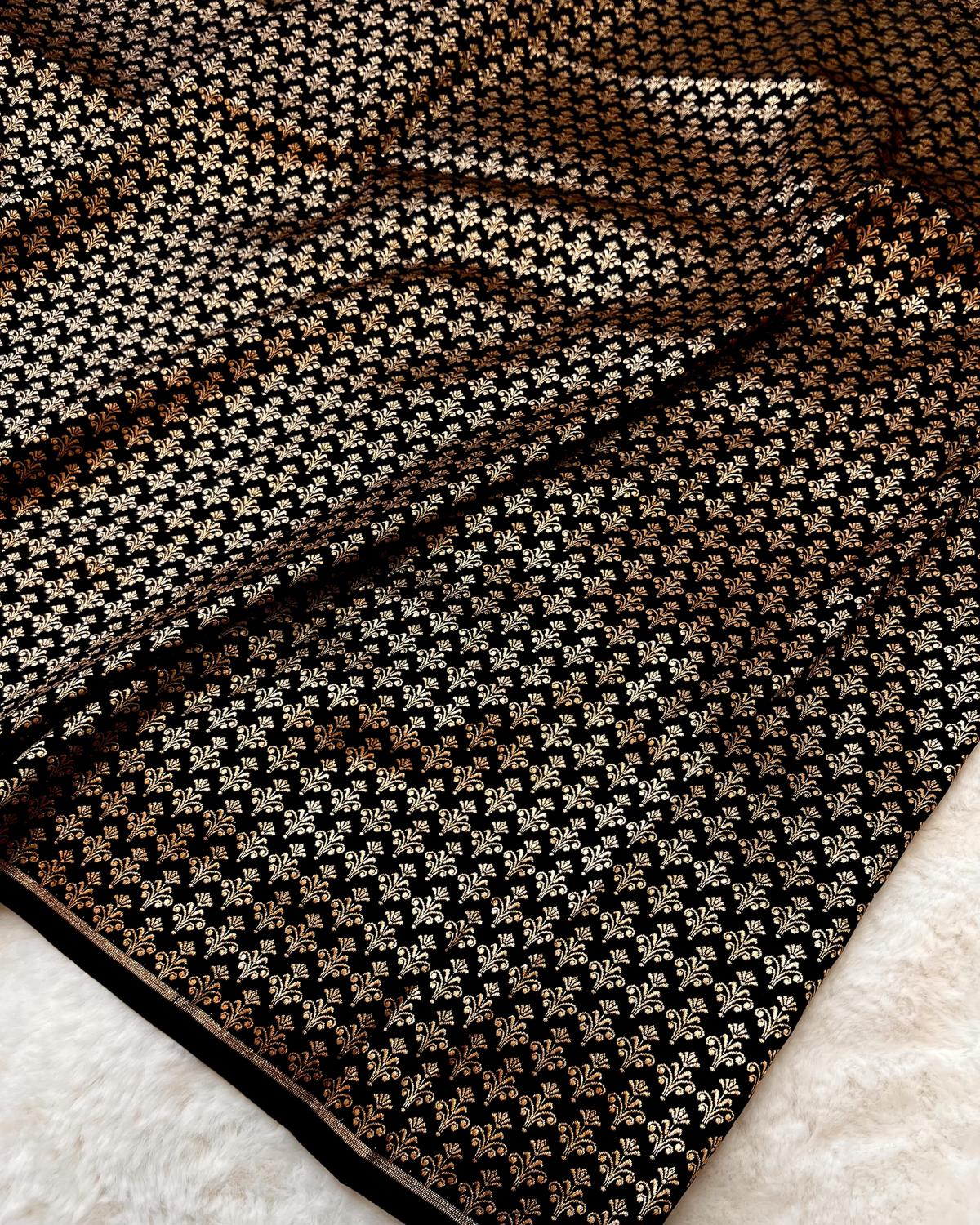 Black Shades Banarasi Double Booti & Scallop Border Mashru Katan Silk Saree