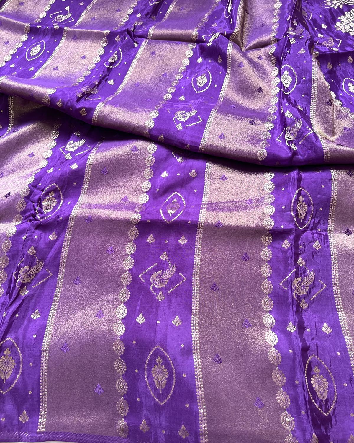 Purple Shades Viscose Gold Striped Tissue Silk Saree With Rich Pallu & Tassels