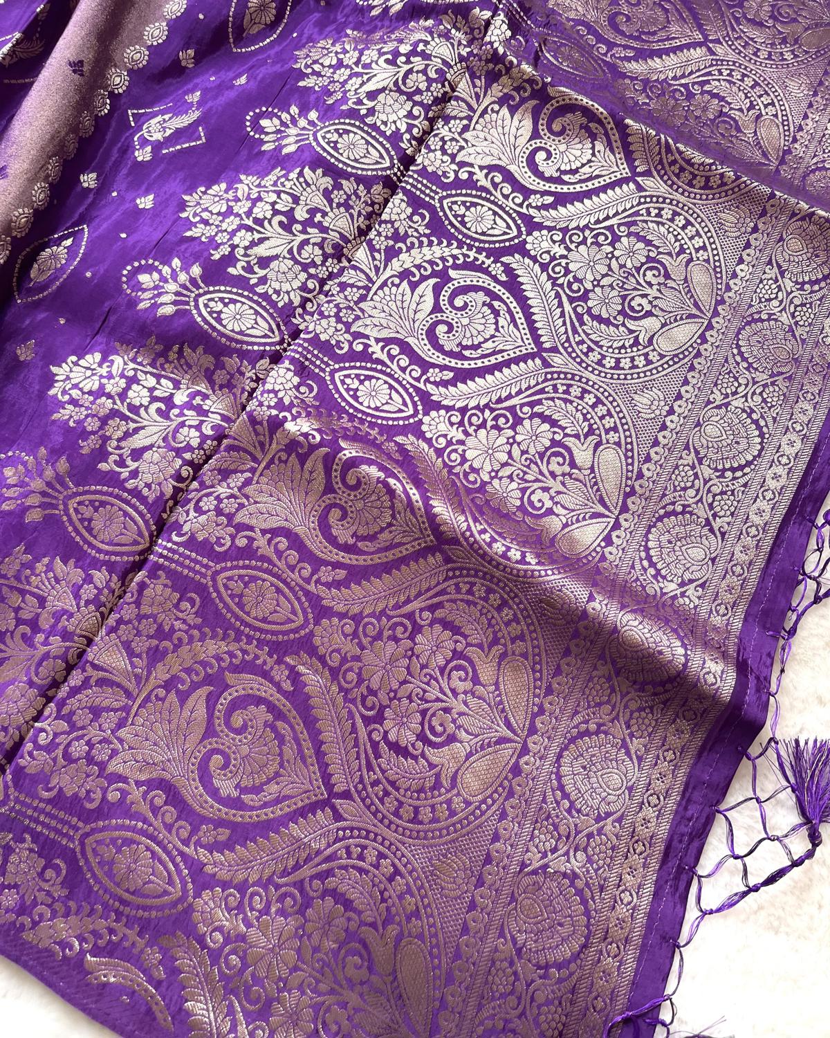 Purple Shades Viscose Gold Striped Tissue Silk Saree With Rich Pallu & Tassels