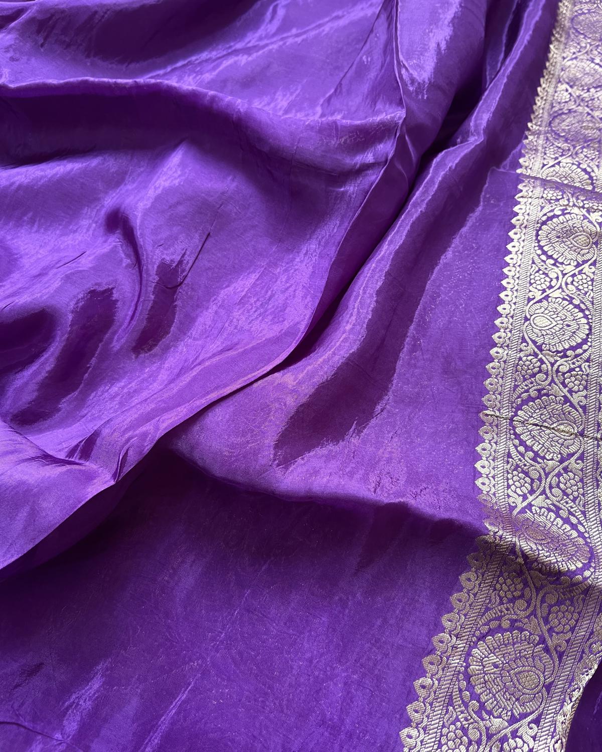 Purple Shades Viscose Gold Striped Tissue Silk Saree With Rich Pallu & Tassels