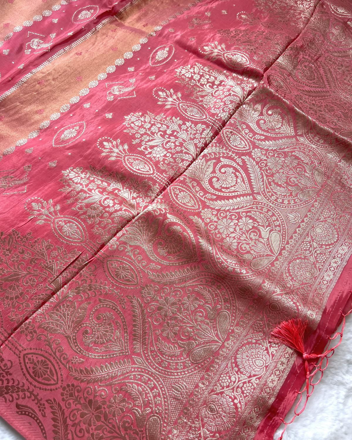Baby Pink Shades Viscose Tissue Silk Saree With Rich Pallu & Tassels