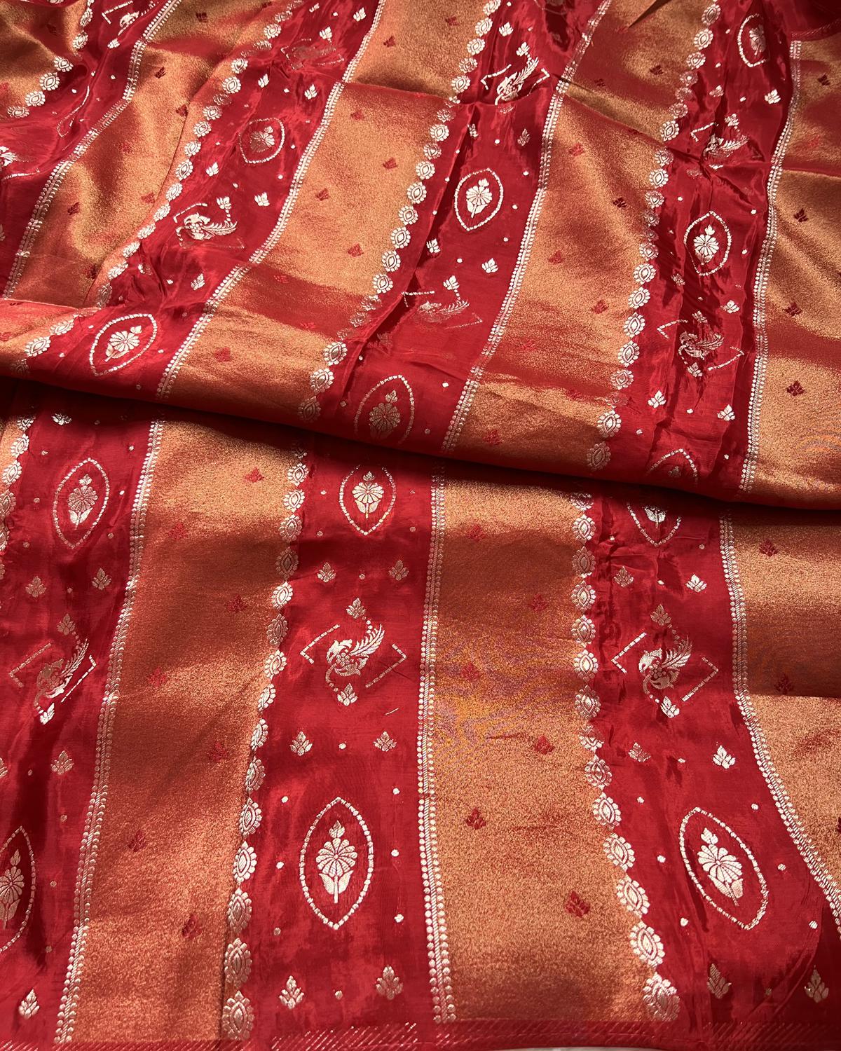 Red Shades Viscose Gold Striped Tissue Silk Saree With Rich Pallu & Tassels