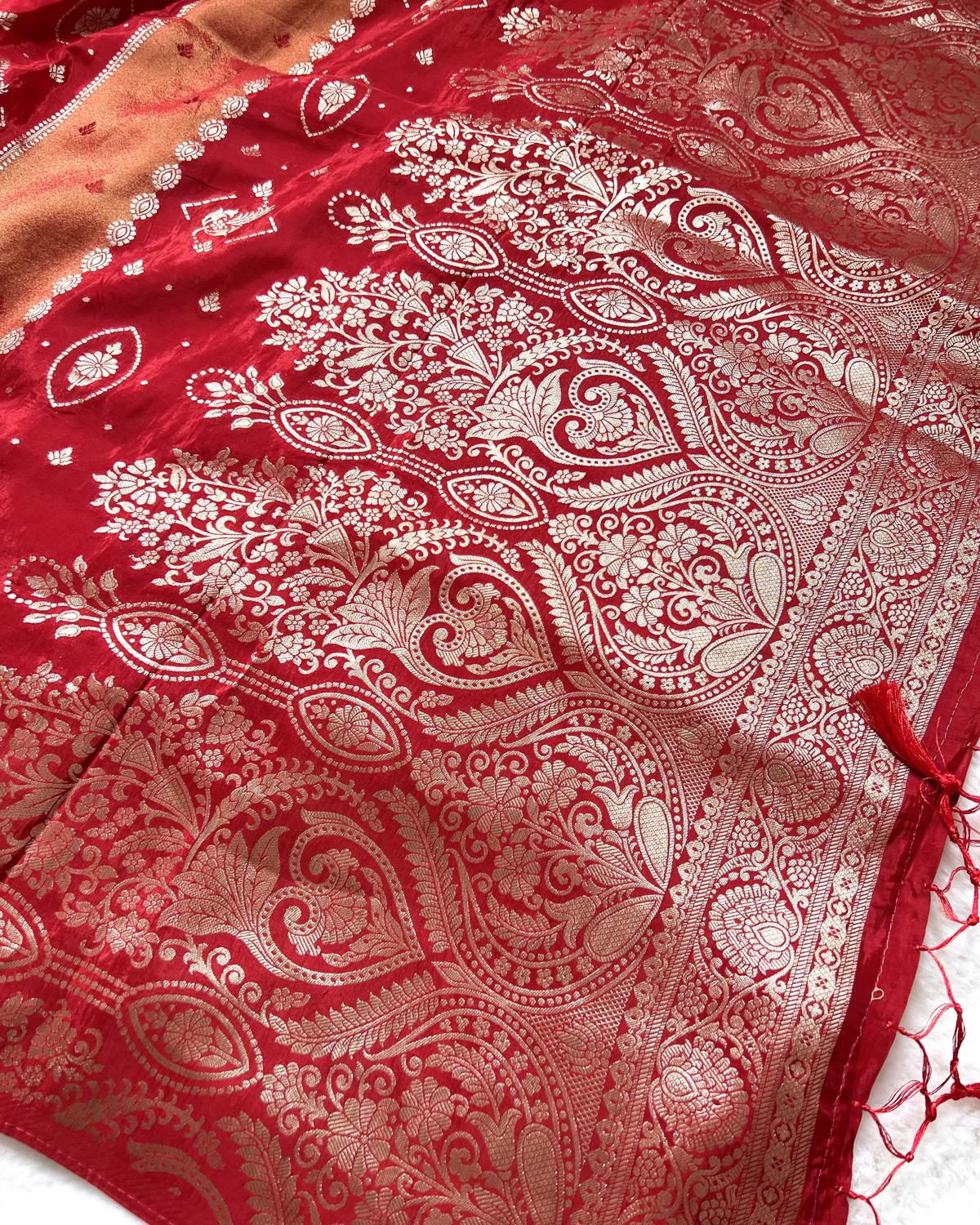 Red Shades Viscose Gold Striped Tissue Silk Saree With Rich Pallu & Tassels