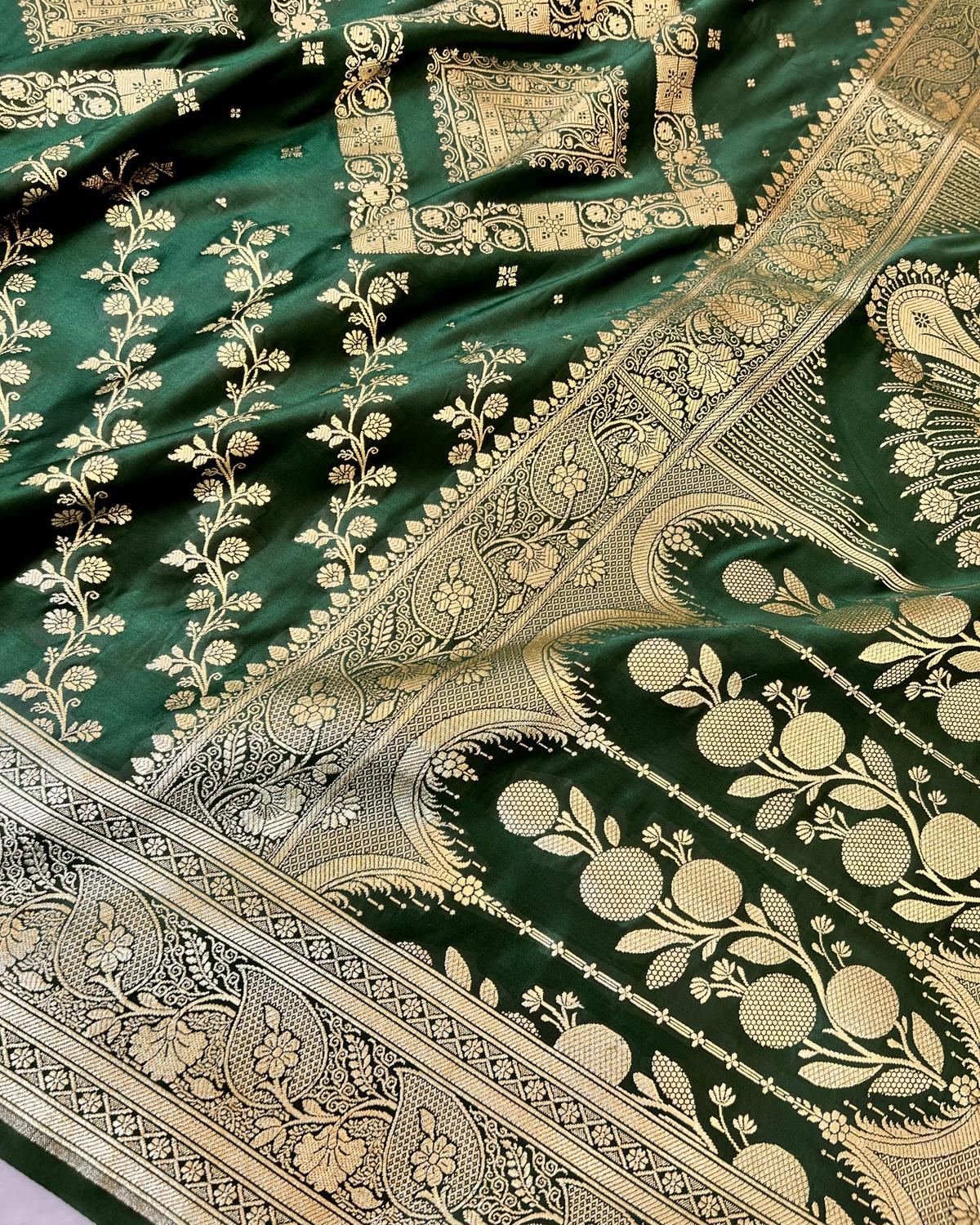 Beautiful Bottle Green Banarasi New 3 In 1 Patten Skirt Border Katan Silk Saree