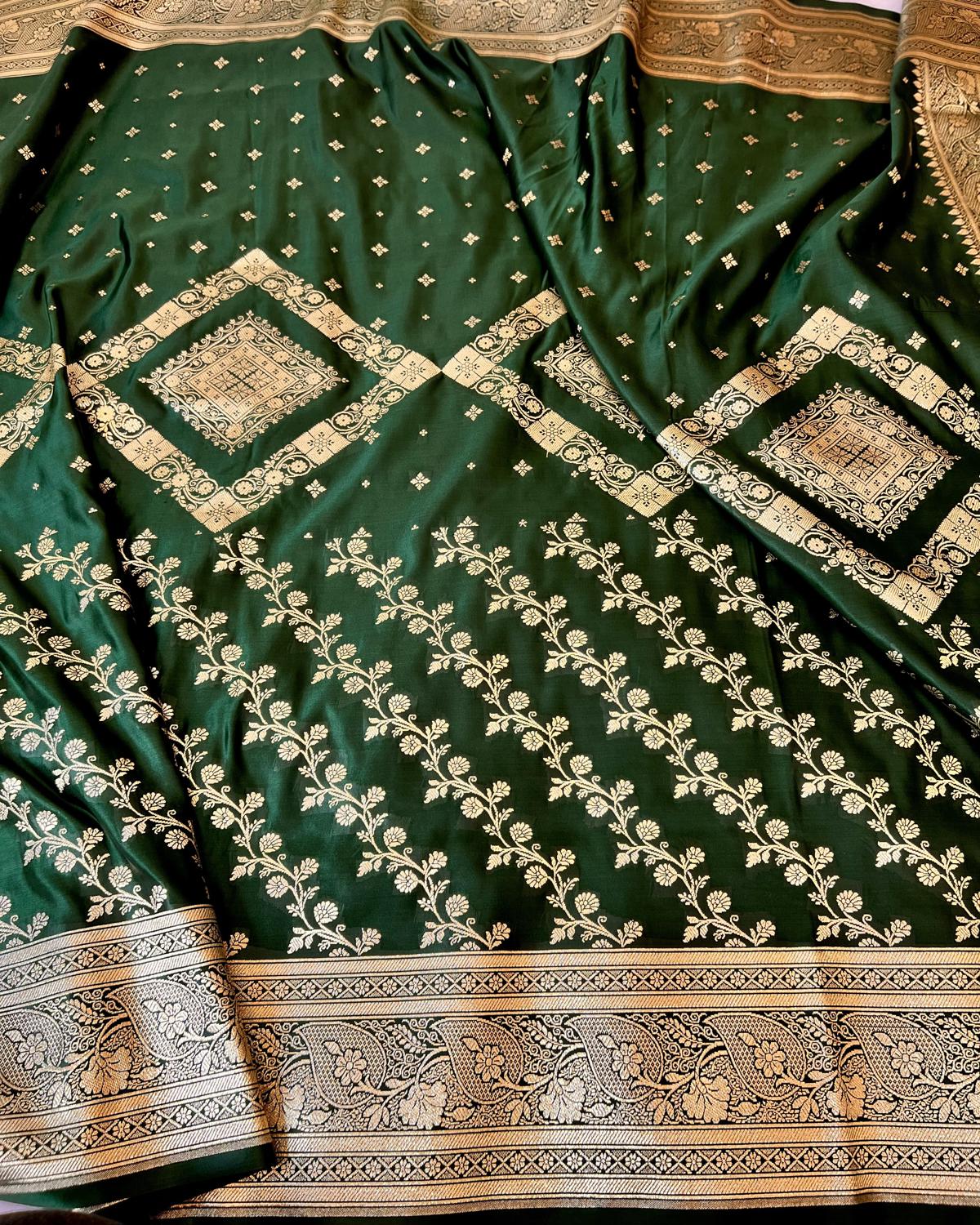 Beautiful Bottle Green Banarasi New 3 In 1 Patten Skirt Border Katan Silk Saree