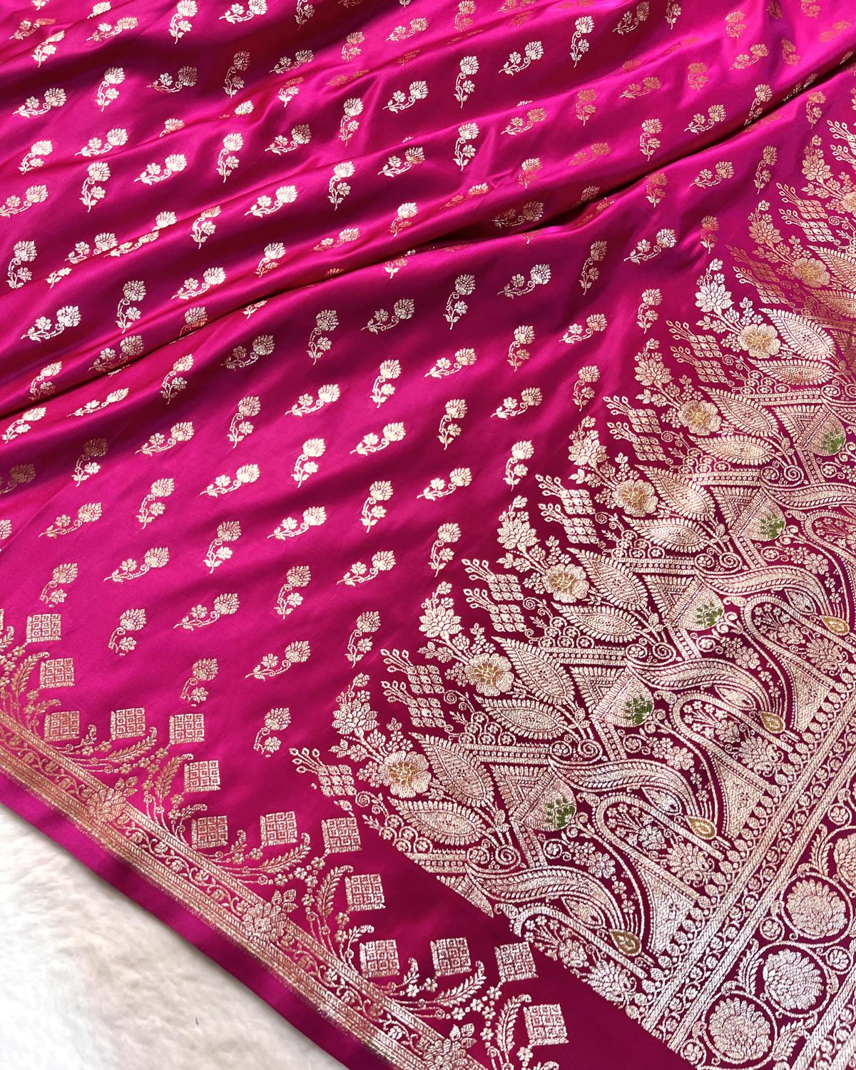 Rani Pink Shades Banarasi Floral Booti Mashru Katan Silk Saree