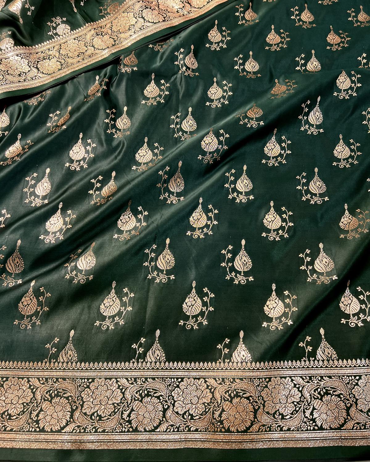 Deep Green Shades Banarasi Boota Mashru Katan Silk Saree with Brocade Blouse