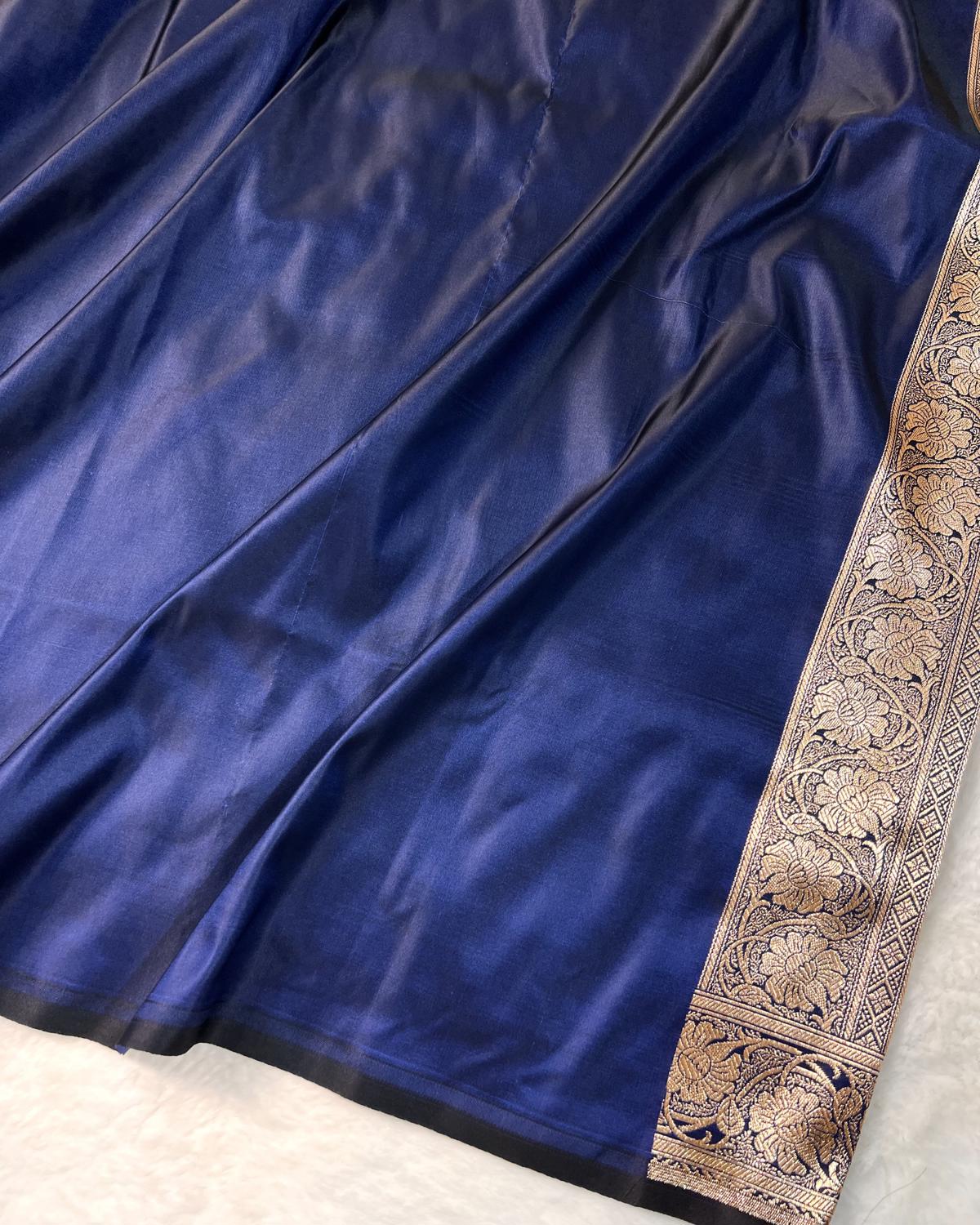 Navy Blue Banarasi Double Booti Mashru Katan Silk Saree
