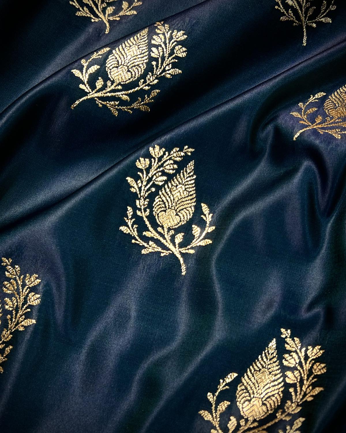 Deep German Blue Banarasi Floral Boota Mashru Katan Silk Saree