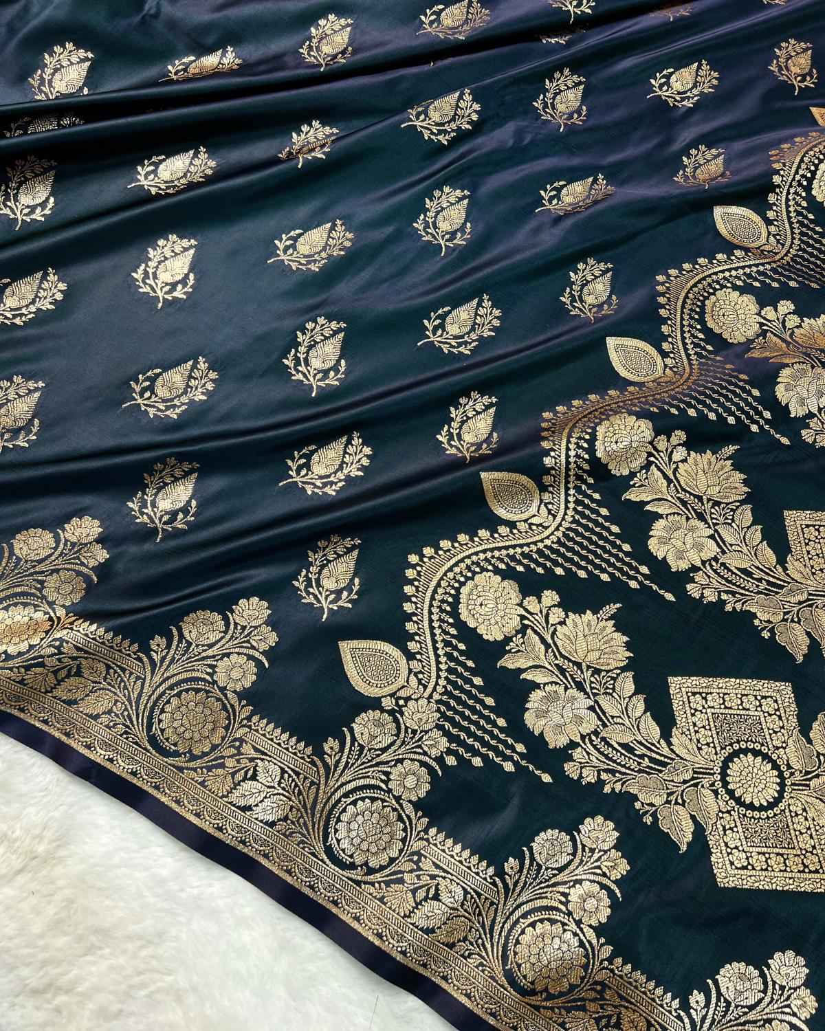 Deep German Blue Banarasi Floral Boota Mashru Katan Silk Saree