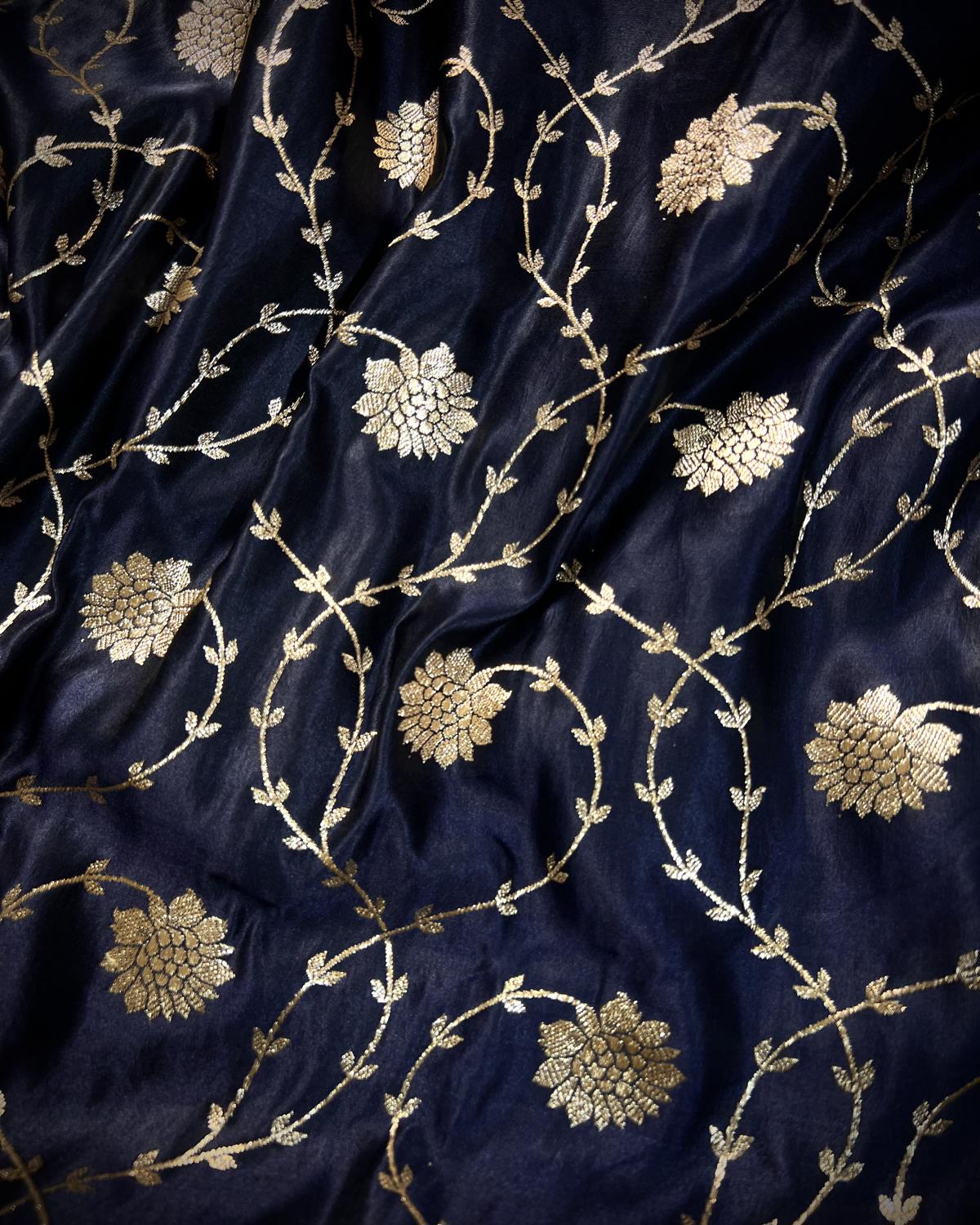 Navy Blue Shades Banarasi Floral Jaal & Scallop Border Mashru Katan Silk Saree
