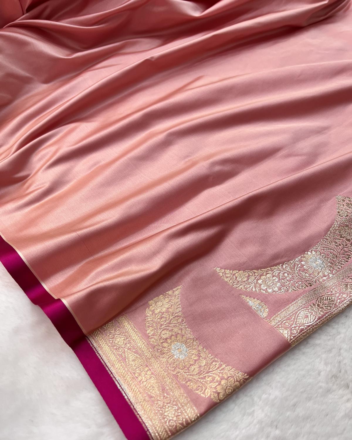 baby pink blouse eice with gold and silver zari border- Niyarah | Busy benorsi saree