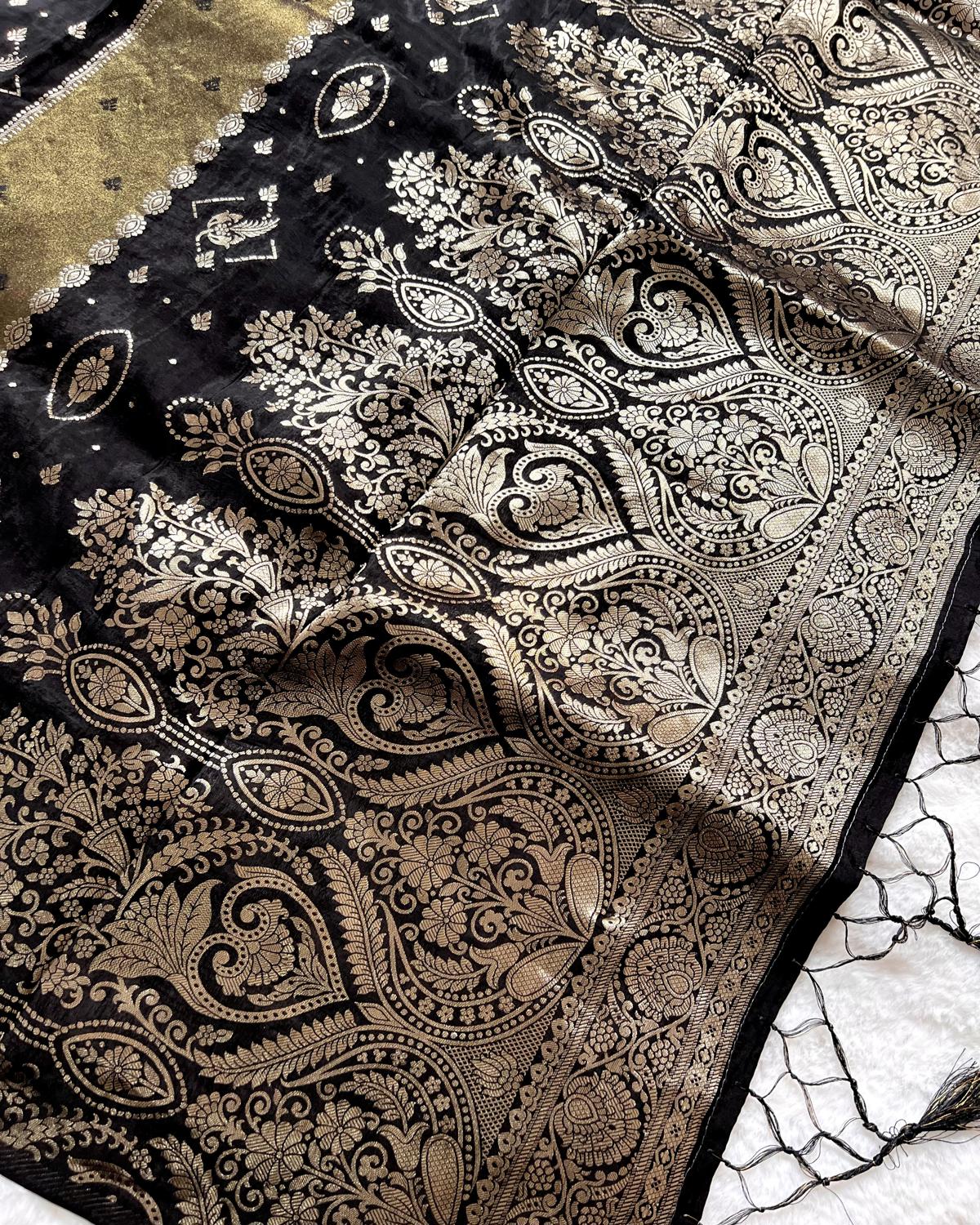 Black Tissue Striped Viscose Silk Saree With Rich Pallu & Tassels