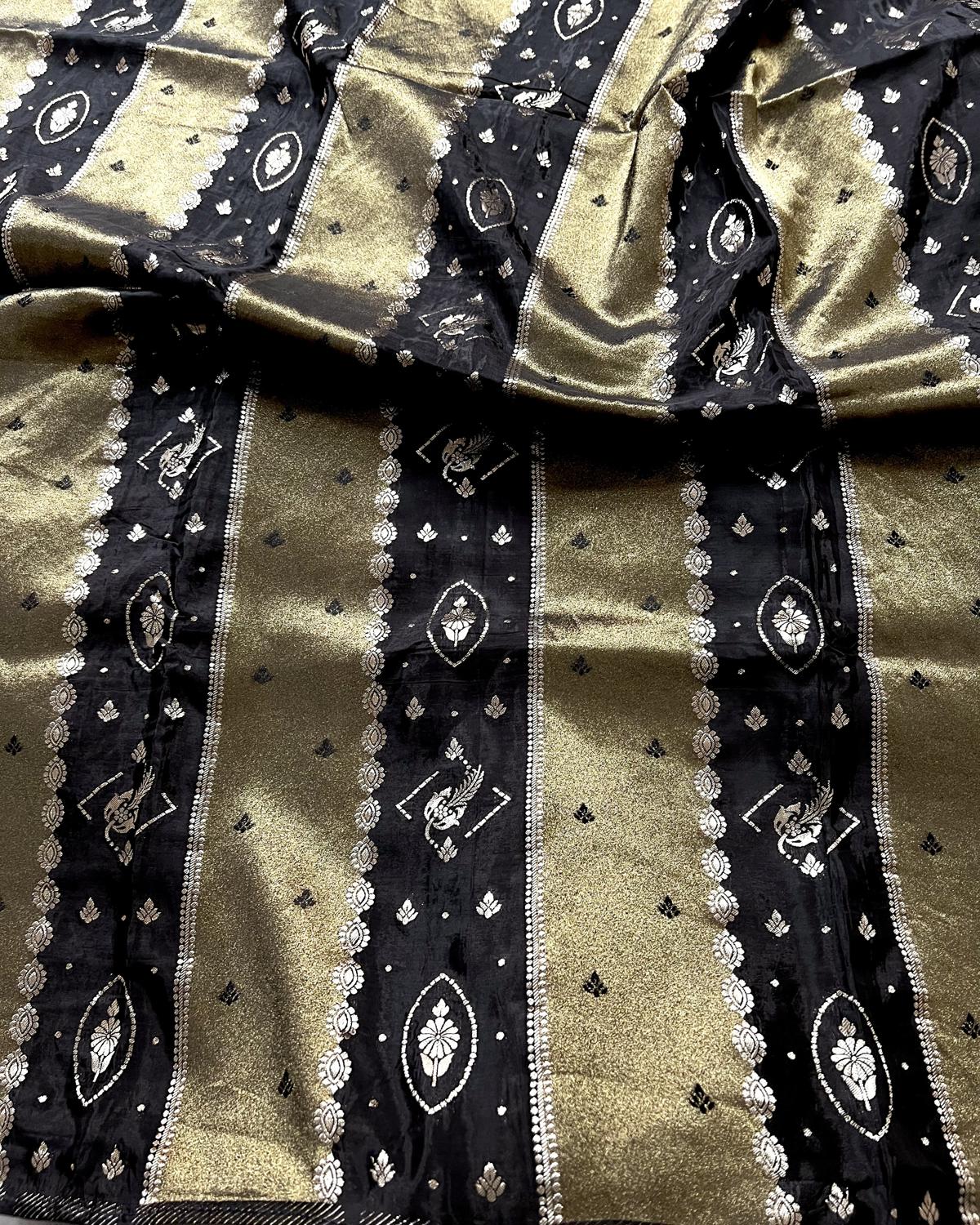 Black Tissue Striped Viscose Silk Saree With Rich Pallu & Tassels