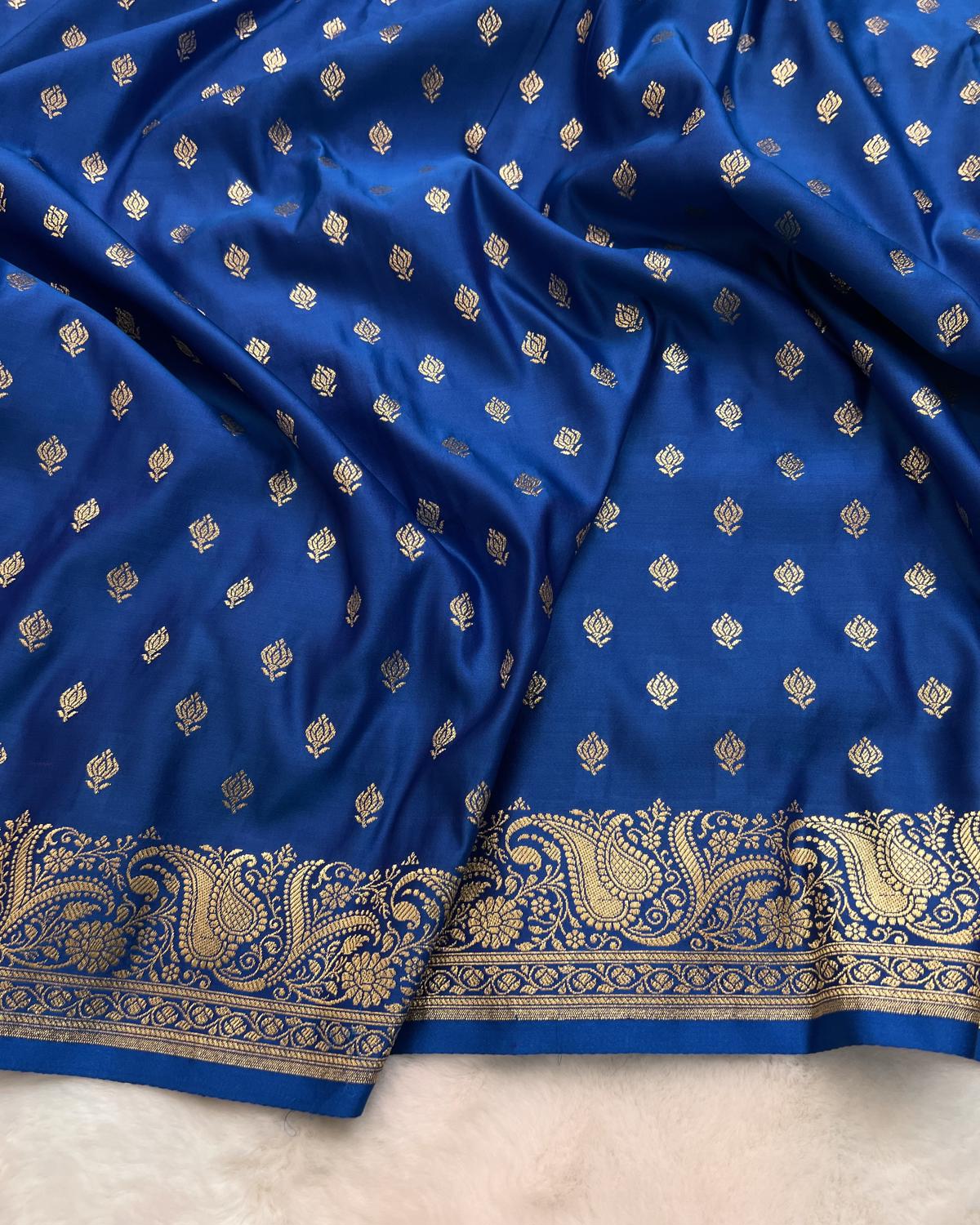 German Blue Shades Banarasi Floral Booti Mashru Silk Saree