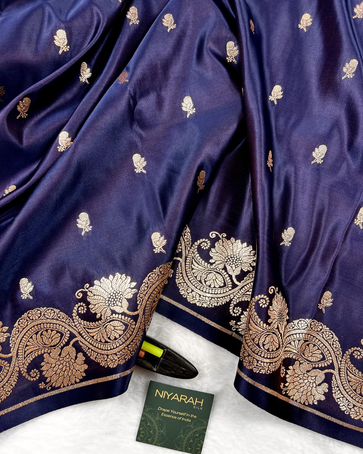 Navy Blue Shades Banarasi Floral Booti Mashru Katan Silk Saree